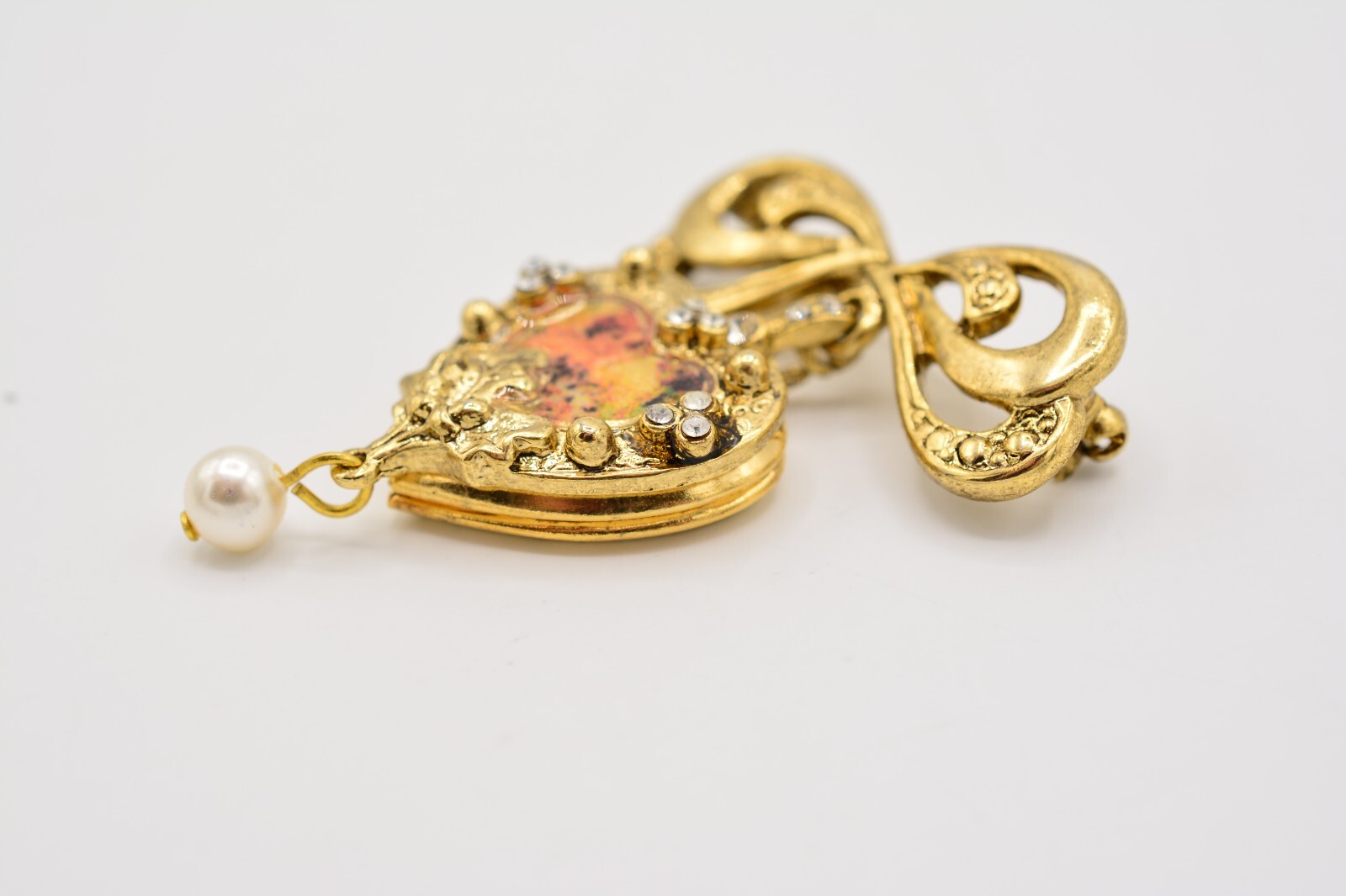 Vintage Heart Locket Pin Brooch Dangle Bow Enamel Cherub Angel Gold 1980s BinA12
