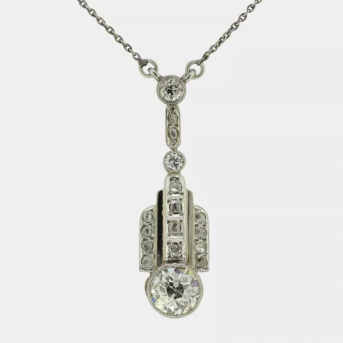 Art Deco Style Round Lab Created Diamond Engagement 14K White Gold FN Pendant