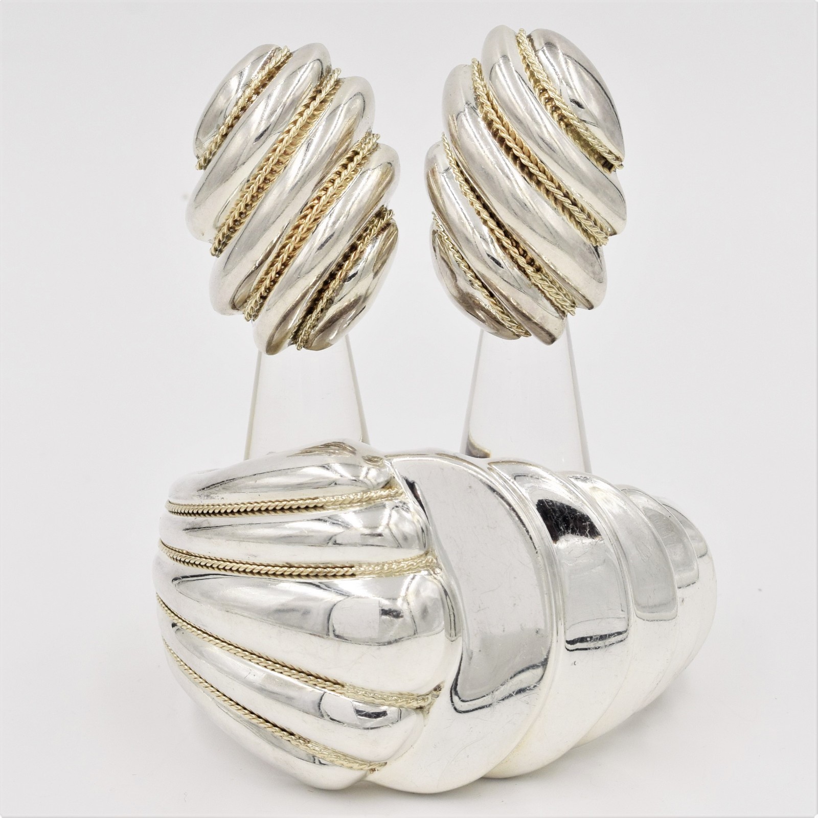 Sterling Silver Yellow Gold Cuff Bracelet Earring Set Chunky 14K BIG Signed DND