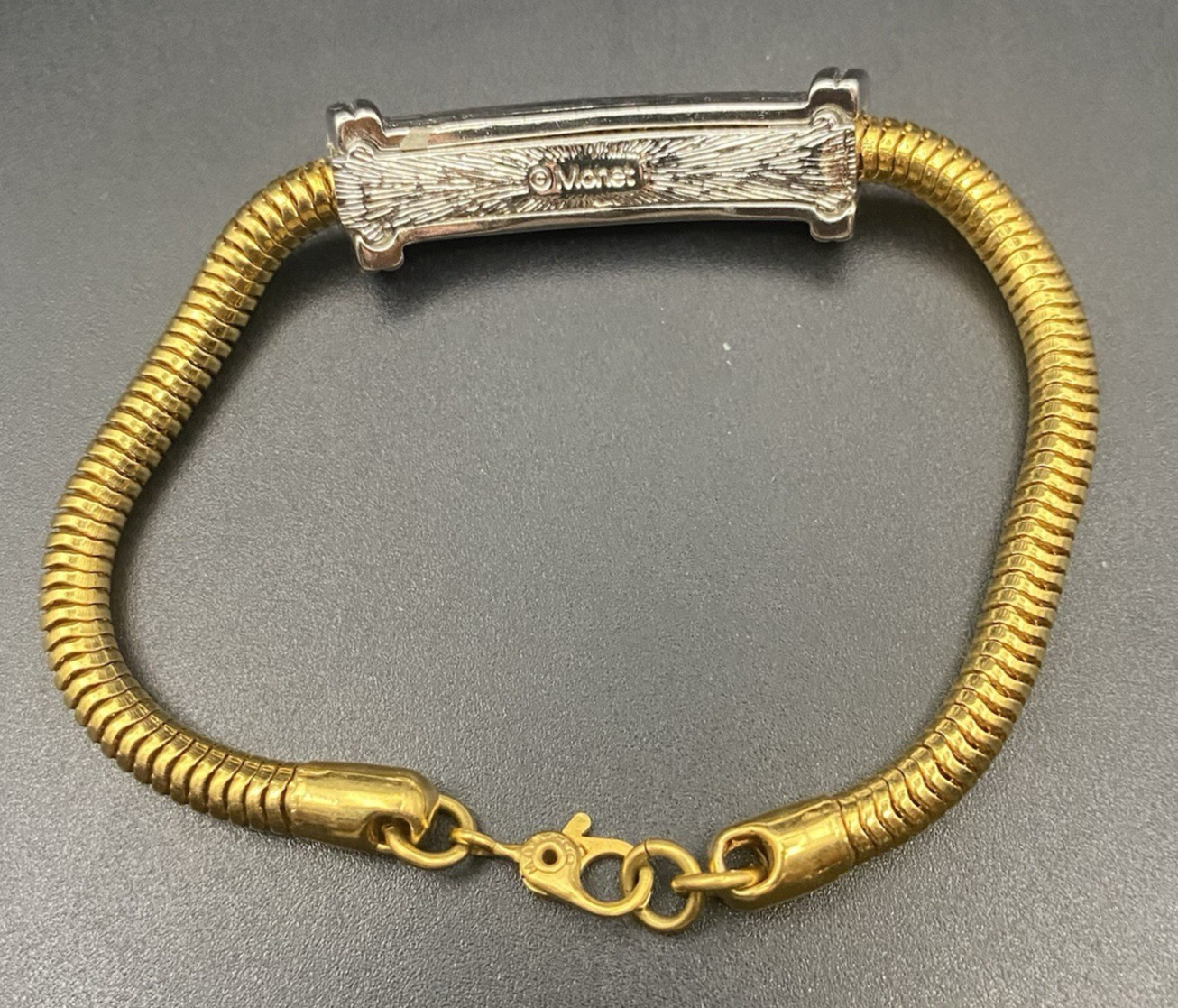 Monet Vtg Snake Chain Bracelet Gold Silver Tone Bar Accent 7.25″ Sister LOOK