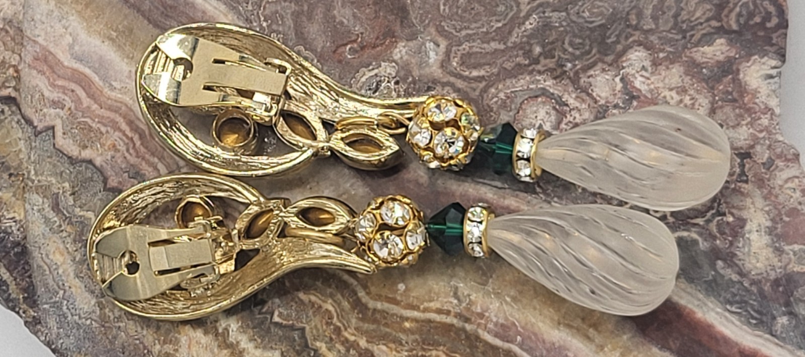 Vintage 3″ costume clip on earrings, Gripoix Glass, dangling frosted glass beads