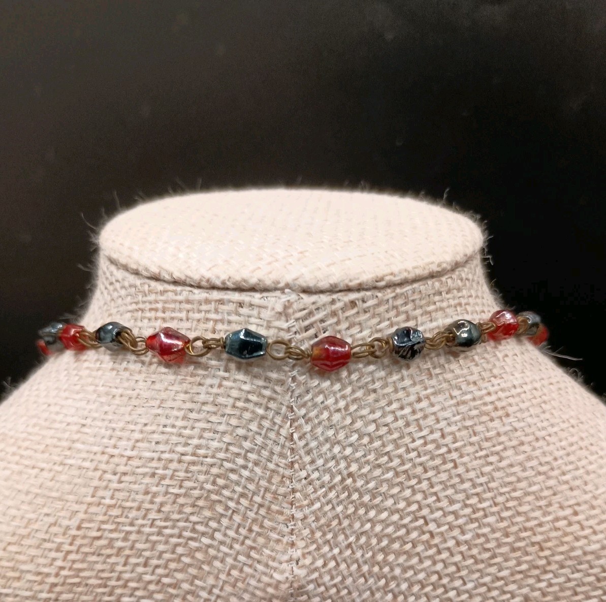 Vintage Czech Glass Beaded Necklace AB Red Black Petite Beads Dainty 36″