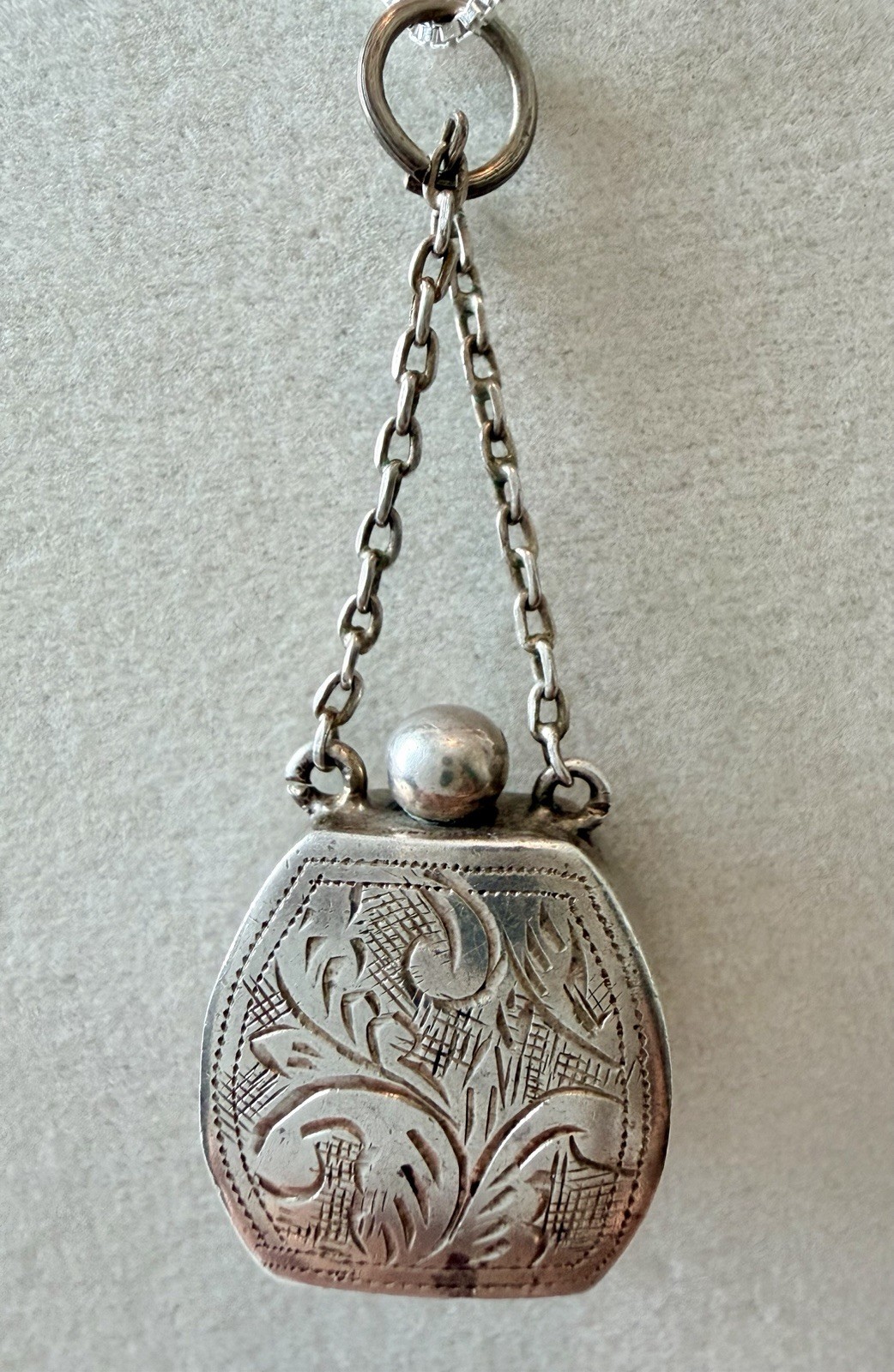 Vtg Sterling SOLID Silver Purse Pendant Necklace Hand Engraved 18” Chain 5.25g