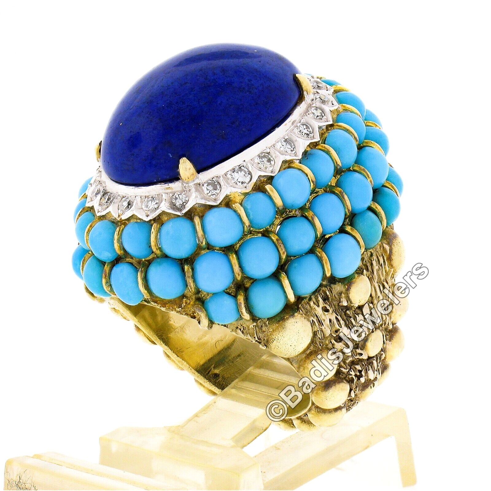 Vintage 14k Gold Cabochon Lapis Turquoise Bead & Diamond Textured Cocktail Ring
