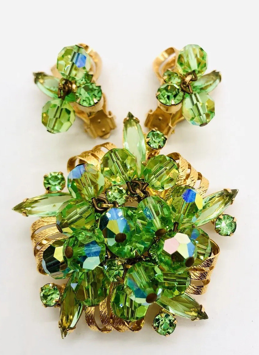 JULIANA Delizza Elster URANIUM GLASS Rhinestone Brooch Earrings Vintage Jewelry