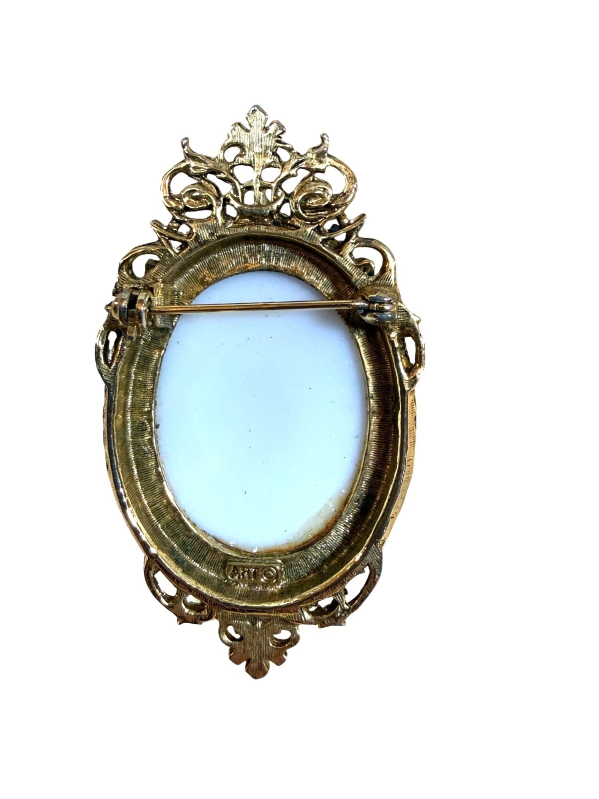 Vintage ART Portrait Brooch Gold-Tone Frame With Victorian Lady Design Oval Pin