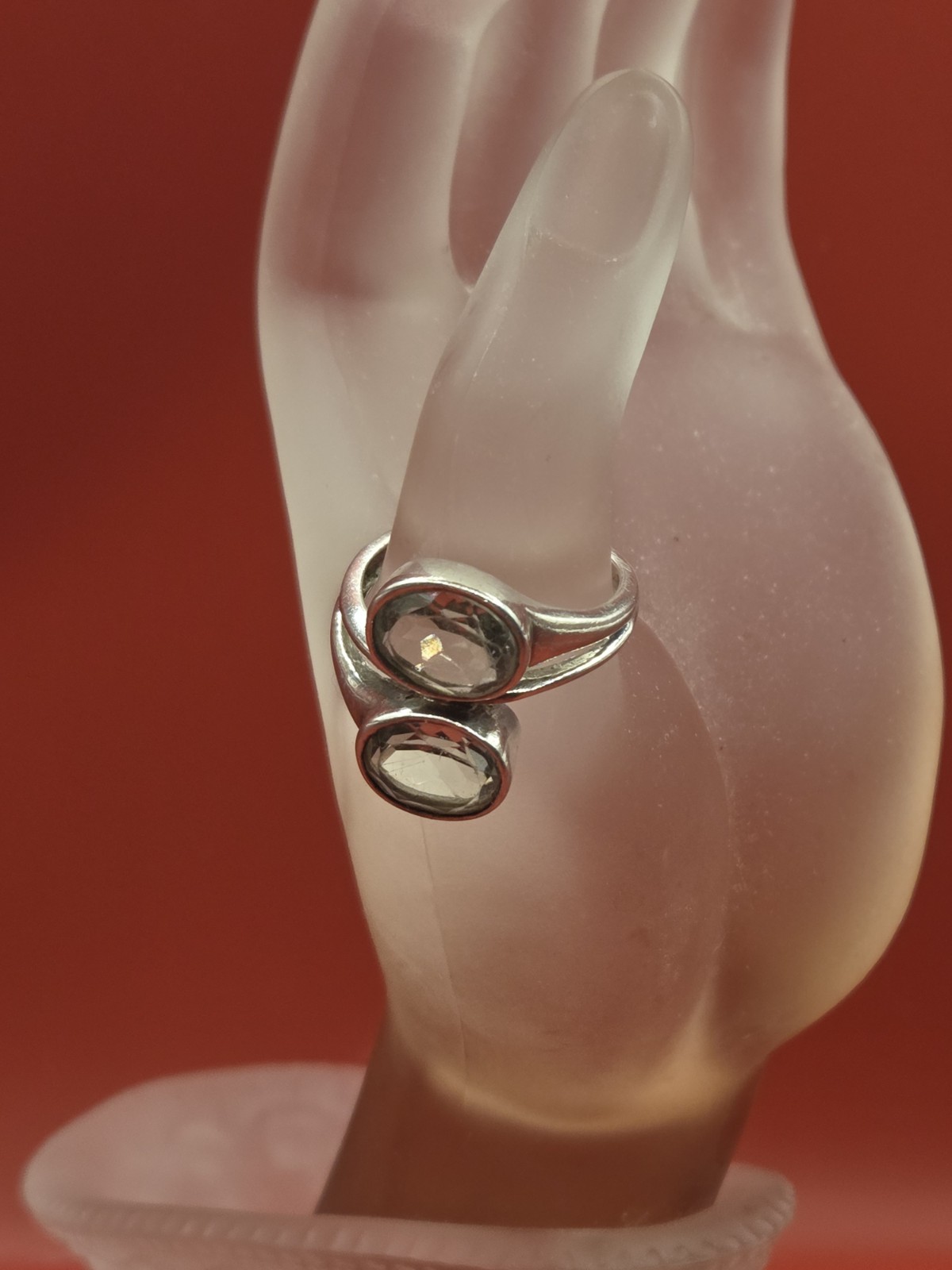Vintage Bypass Oval Cut Stones Quartz? White Topaz? Bezel Mounts Ring 925 Sz 10