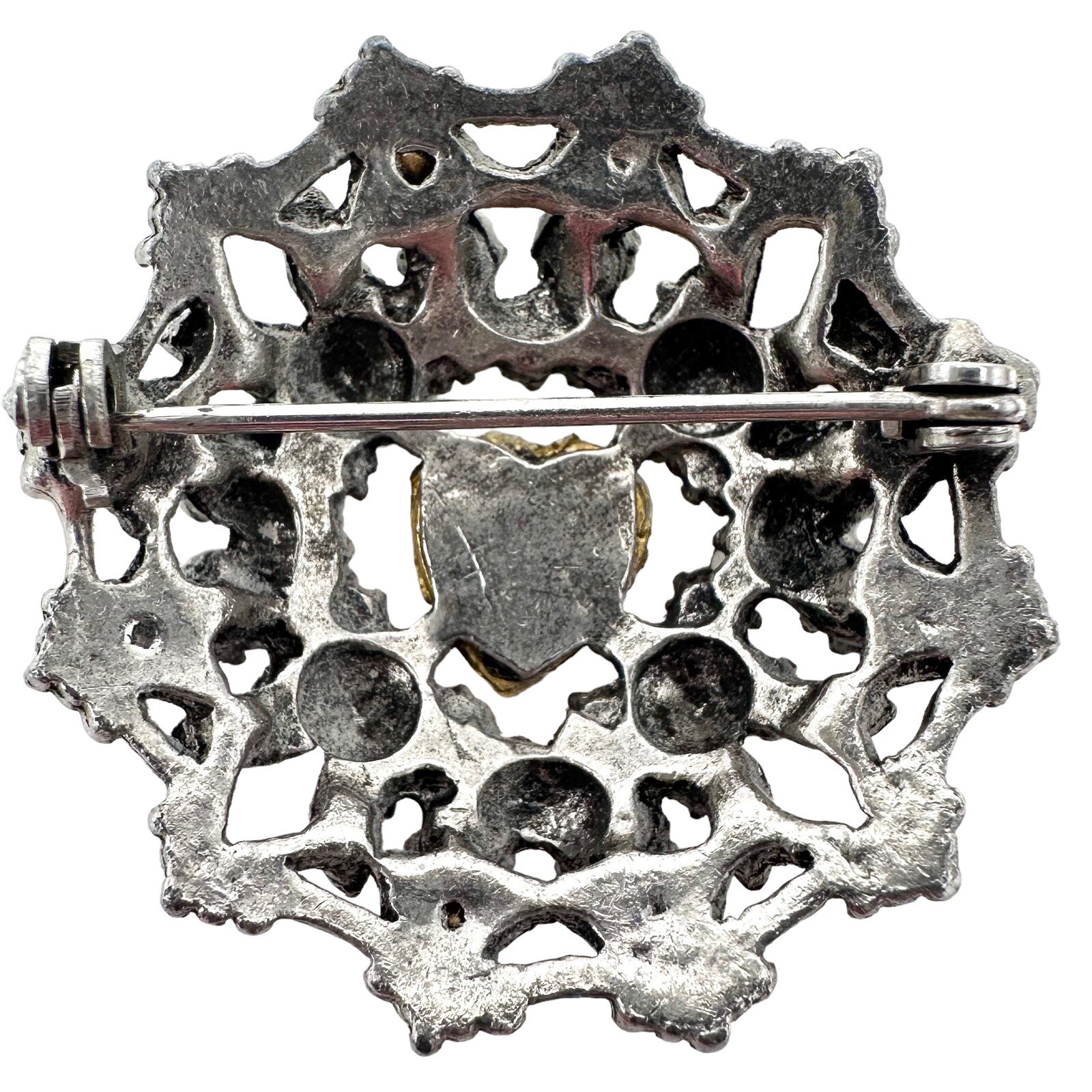 Vintage Silver Tone Multicolor Rhinestone Heart Shaped Opalite Brooch