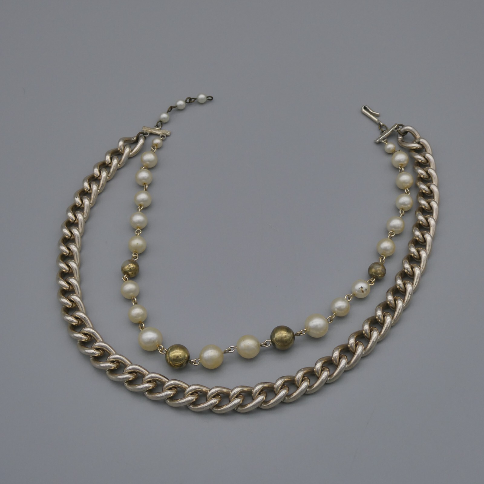 Vintage Dual 2 Strand Choker Necklace Faux Pearl Gold-Tone Curb Link Japan 15″