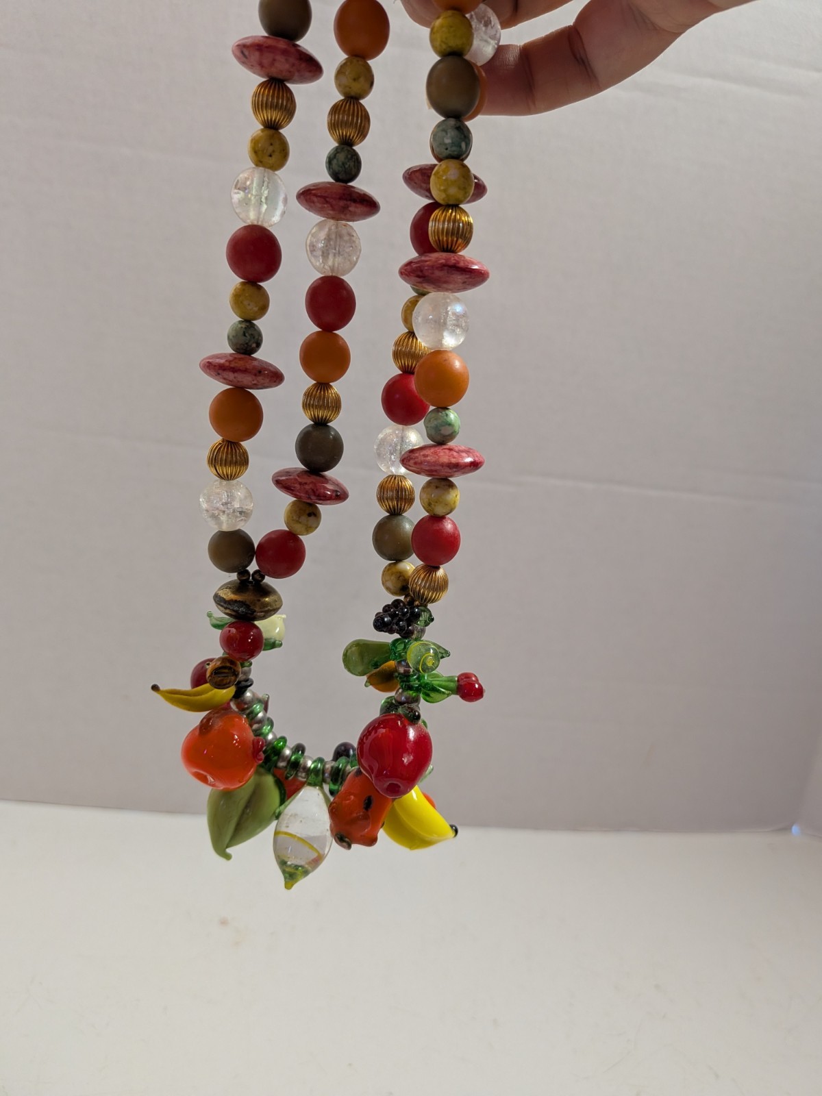 Vtg Fruit Salad Art Glass Fruit Dangle Charm Style Necklace Bananas Apple Grapes