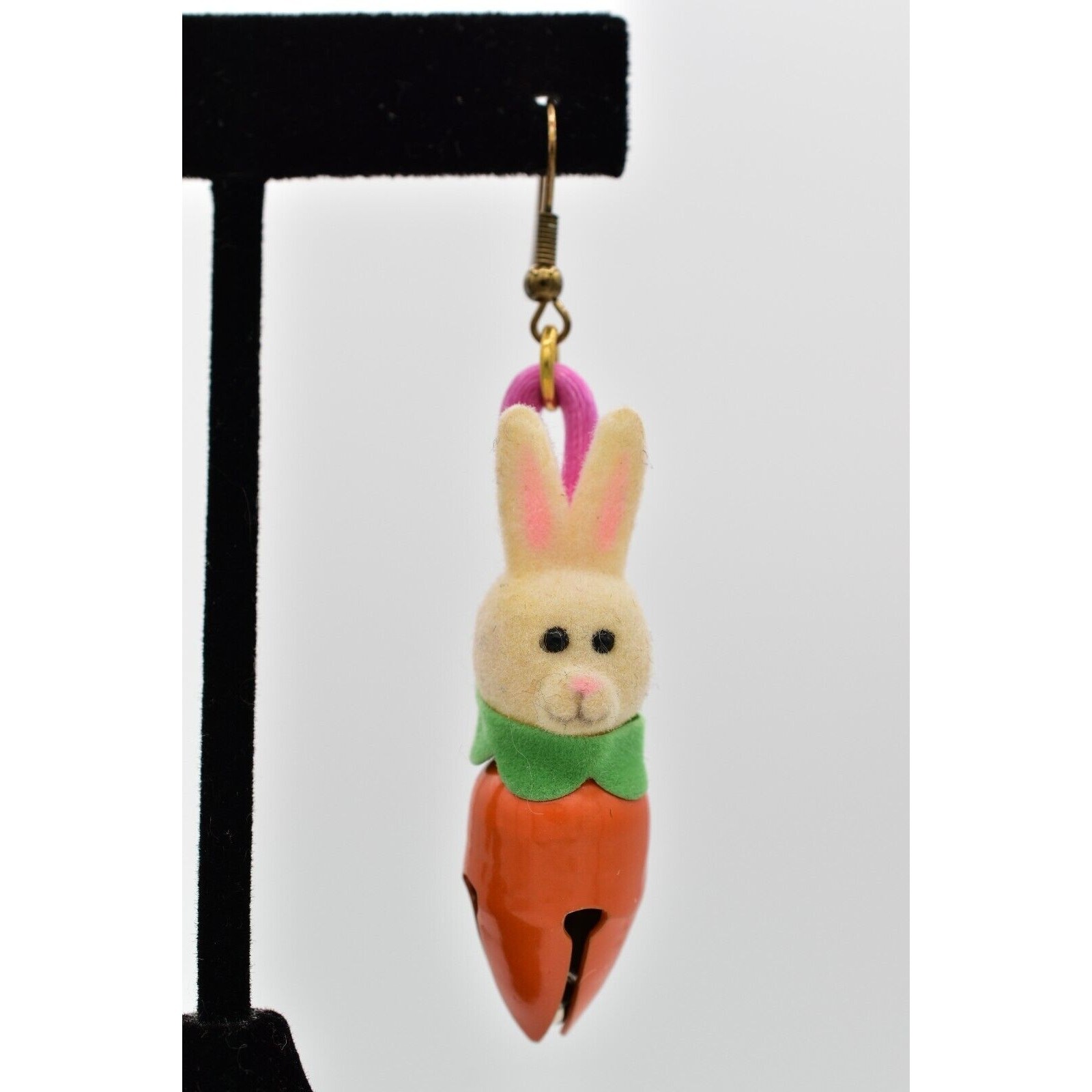 Vintage Easter Bunny Earrings White Velvet Rabbit Carrot Bell Dangle 1980s 9D