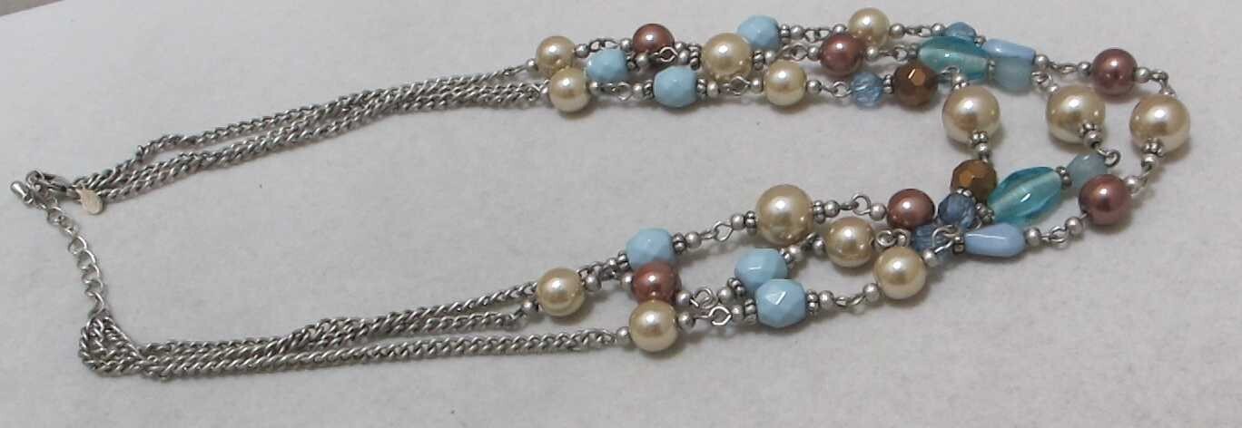 Vtg PREMIER DESIGNS 3-Strand White & Brown Faux Pearls Aqua Beads Necklace