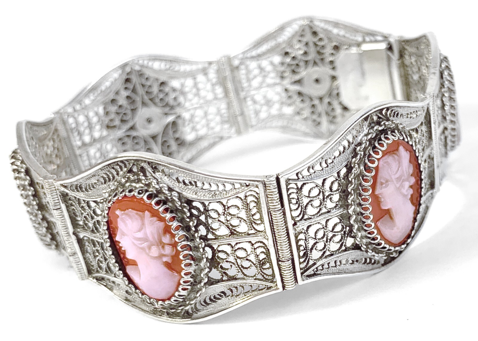 Vintage 6 Cameo Cannetille Bracelet & Cameo Earrings from Italy 800 925 Silver