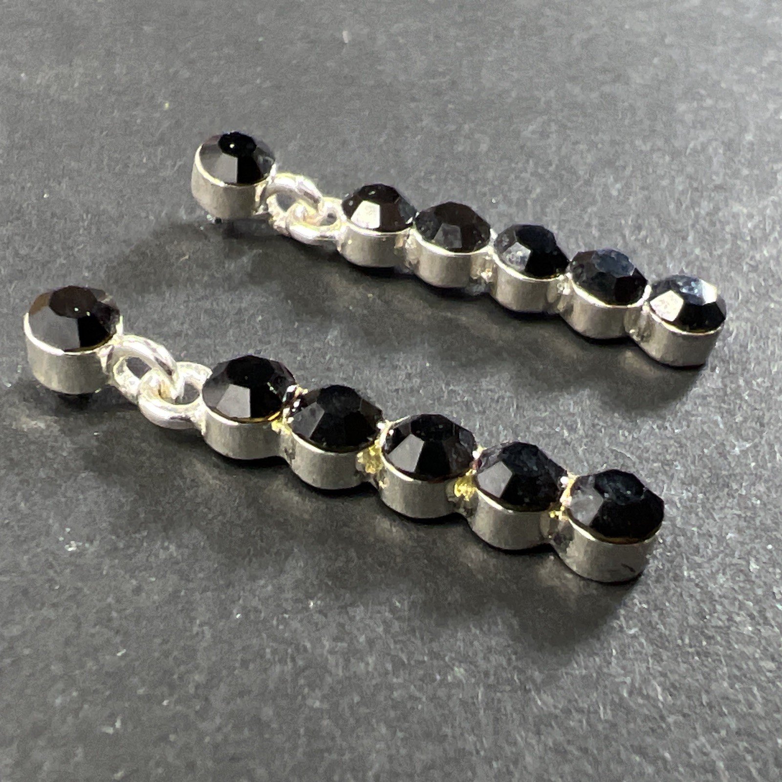Black Rhinestone Dangle Drop Earrings Silver Tone with Backers