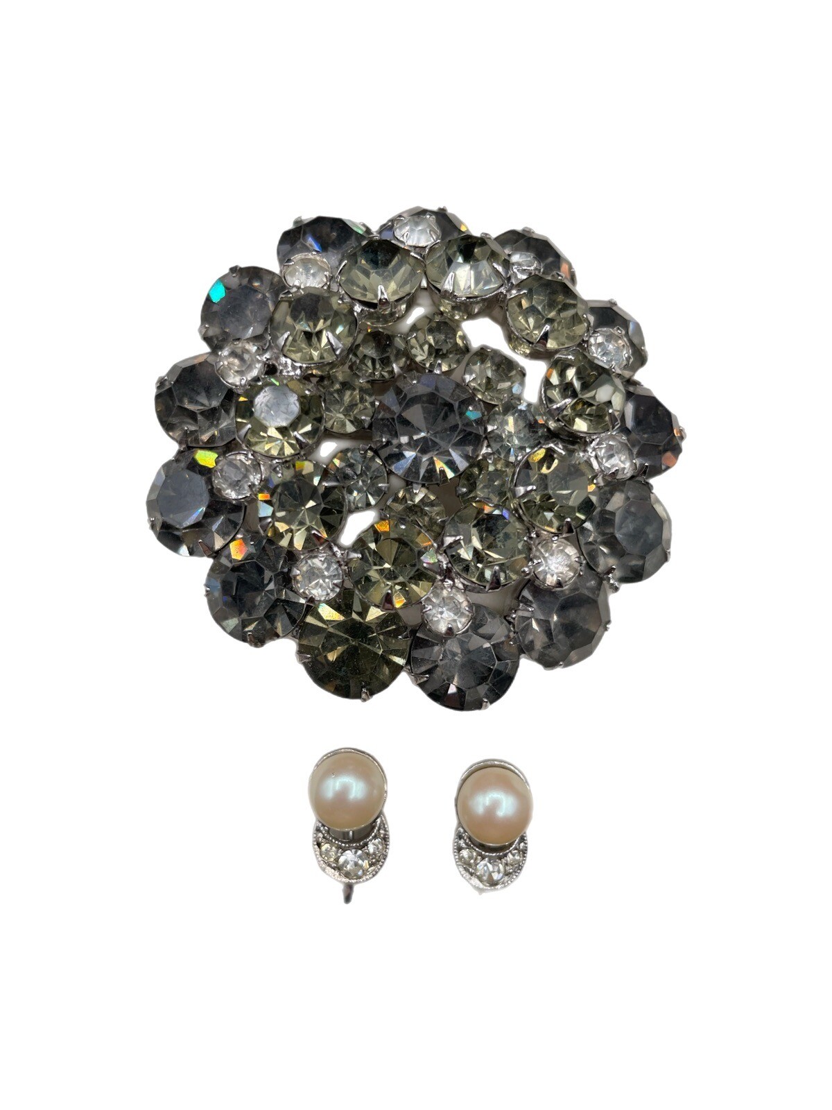 Vintage Pearl & Rhinestone Adjustable Clip-On Earrings & Gray Rhinestone Brooch