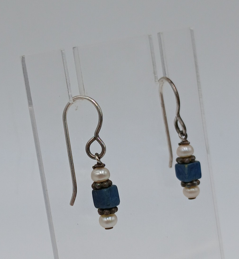 VTG Beaded Dangle Earrings 1in Drop Blue Stone Seed Pearl Silver Tone Estate