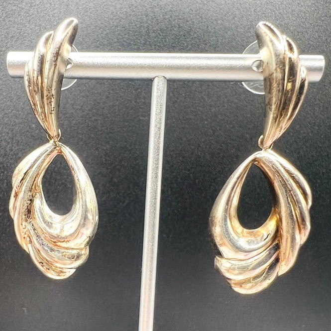 Vintage Sterling Silver Drop Earrings Swirl Sweeping Ribbon 7g 2X.75″