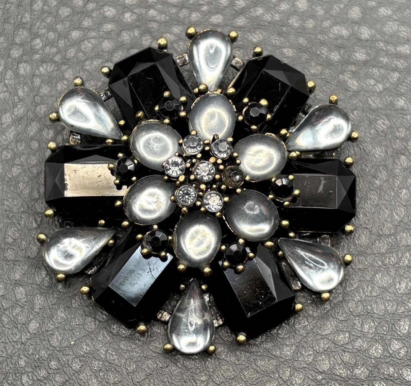 Vintage Black Rhinestone Gray Faux Moonstone Starburst Flower Brooch Pin