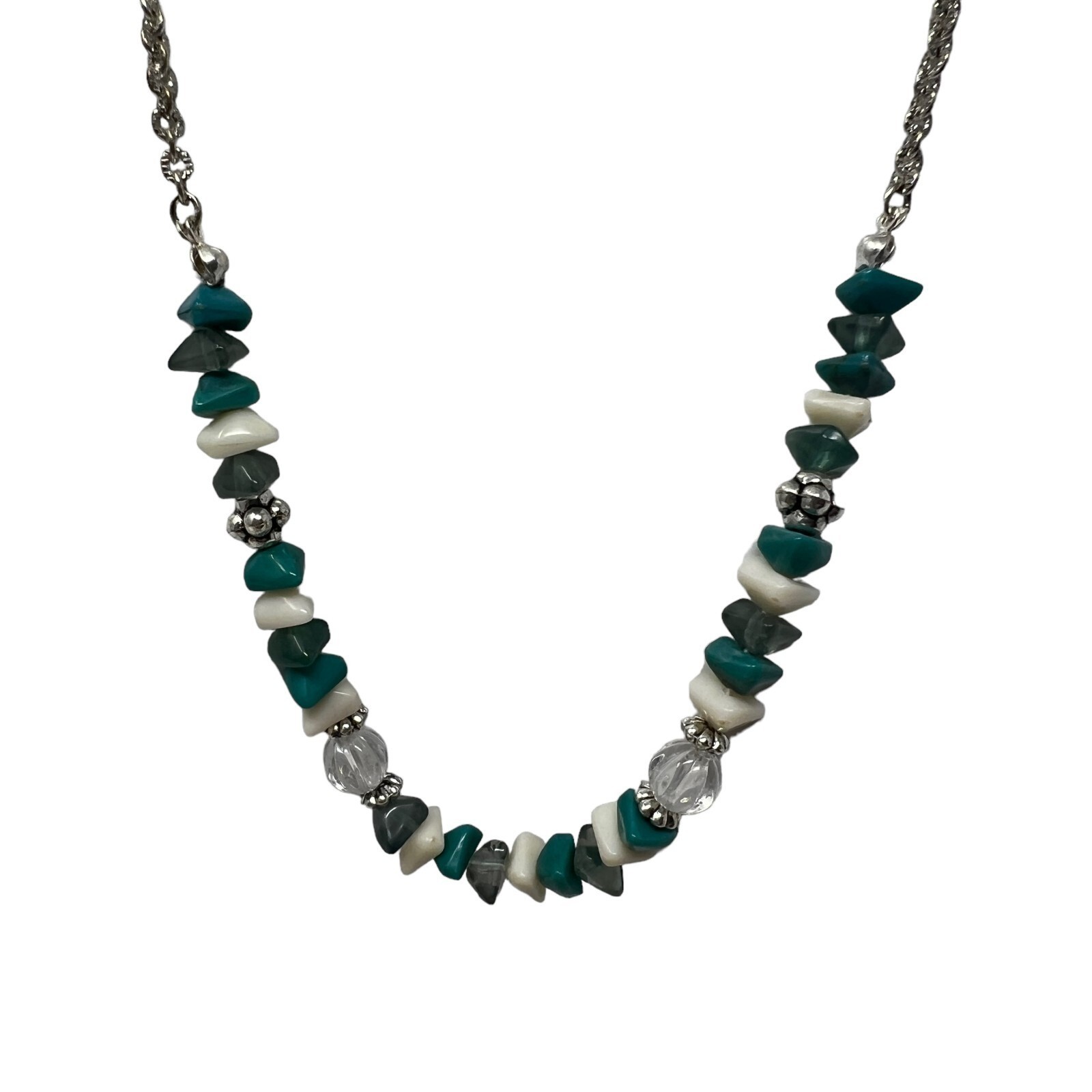 Vintage Avon Necklace Silver Tone with White Blue Clear Beads