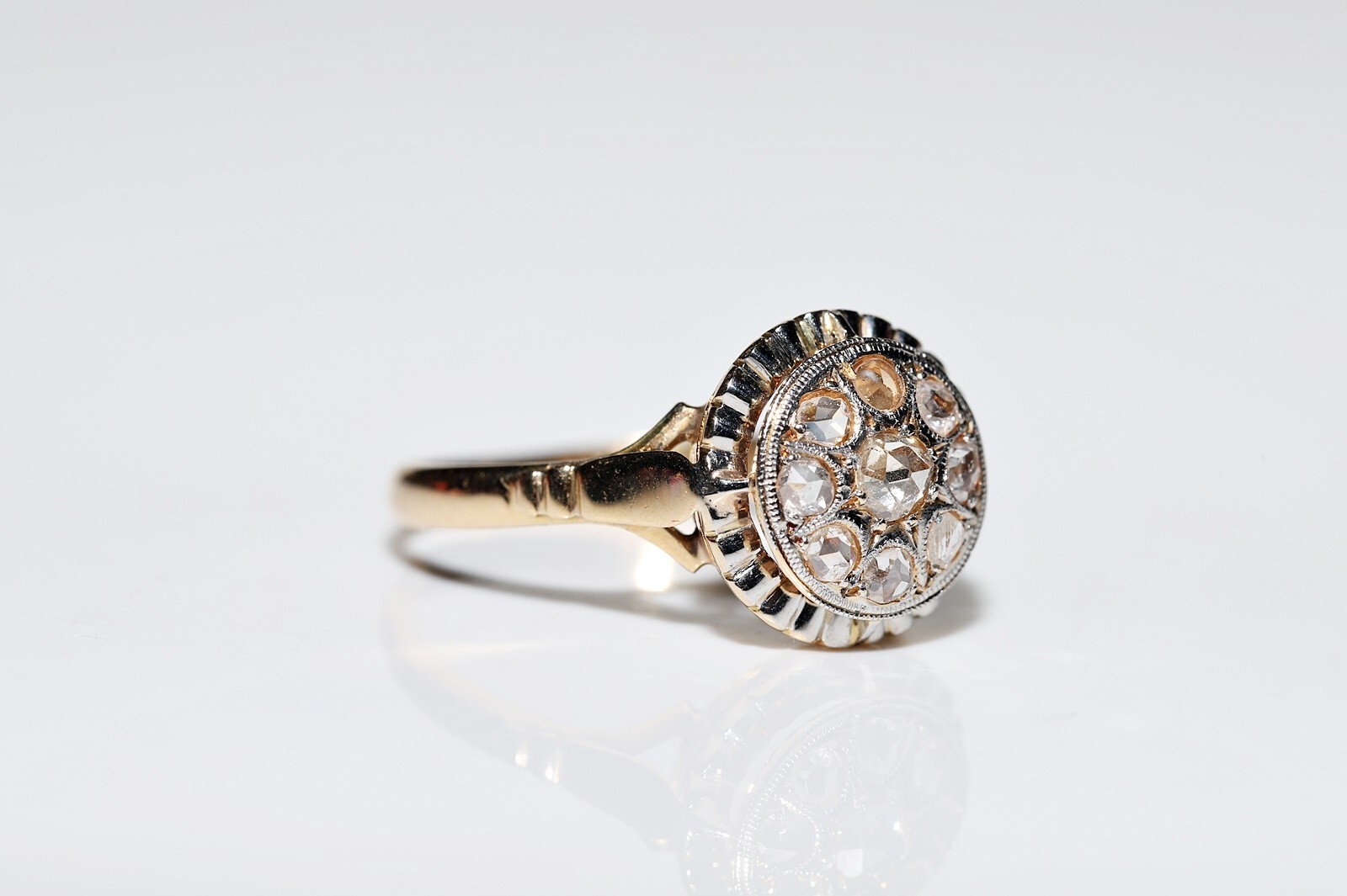 Antique Circa 1920s 18k Gold Natural Rose Cut Diamond Decorated Ring