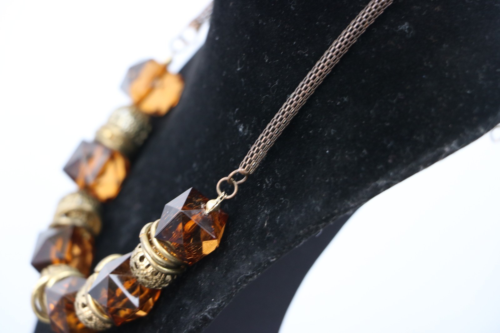 Vintage 80s Amber Lucite & Gold Filigree Beaded Statement Necklace Mesh Chain