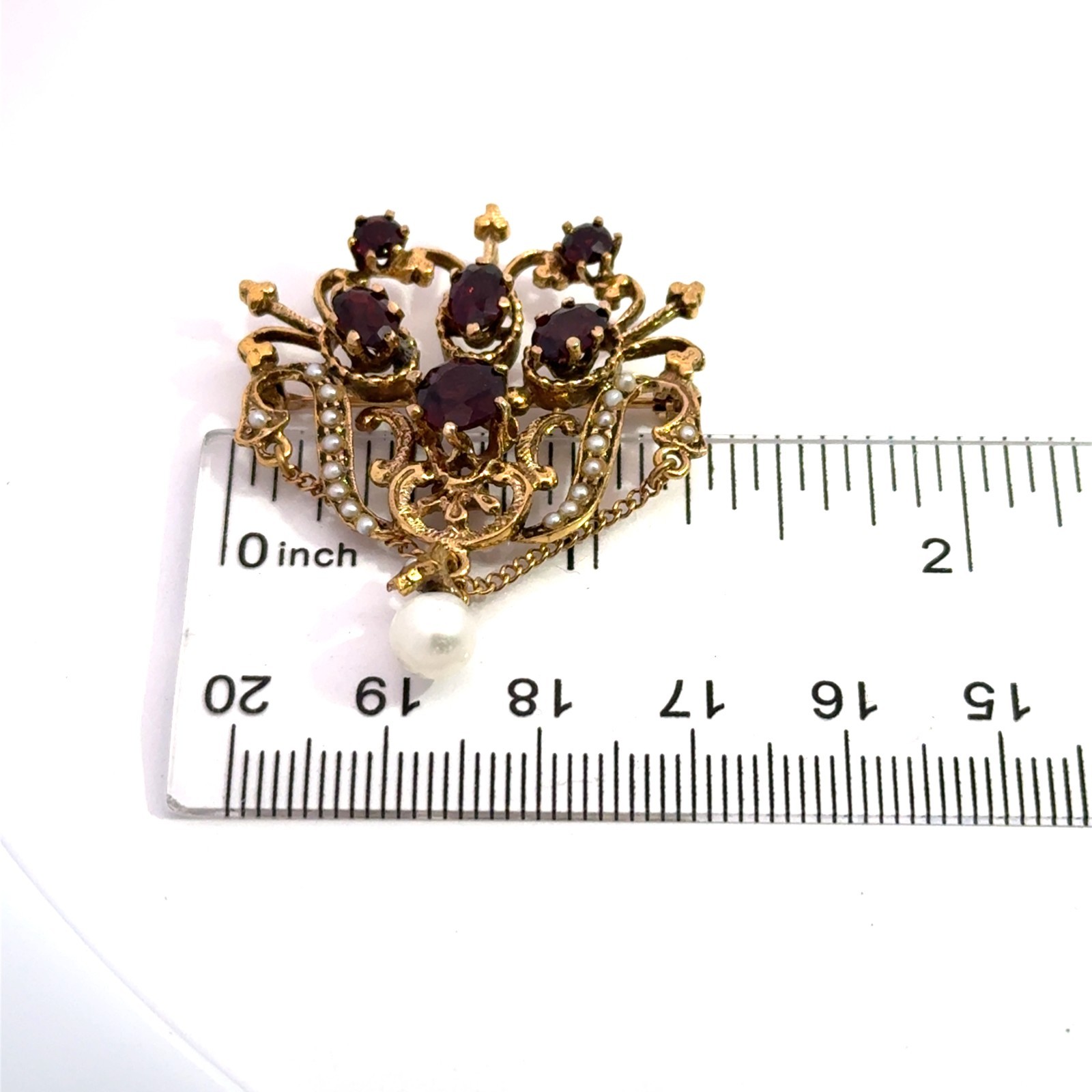 Antique 14k Stamped Yellow Gold Garnet & Pearl Brooch Pin