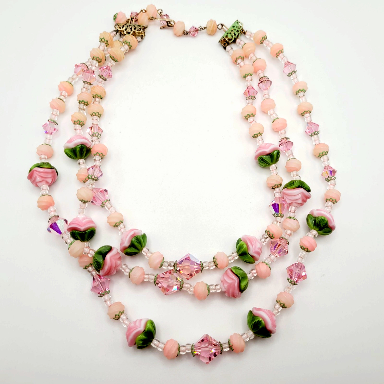 Triple Strand Glass Pink Rosette Green Bottom Rosebuds Bicone Crystal Necklace
