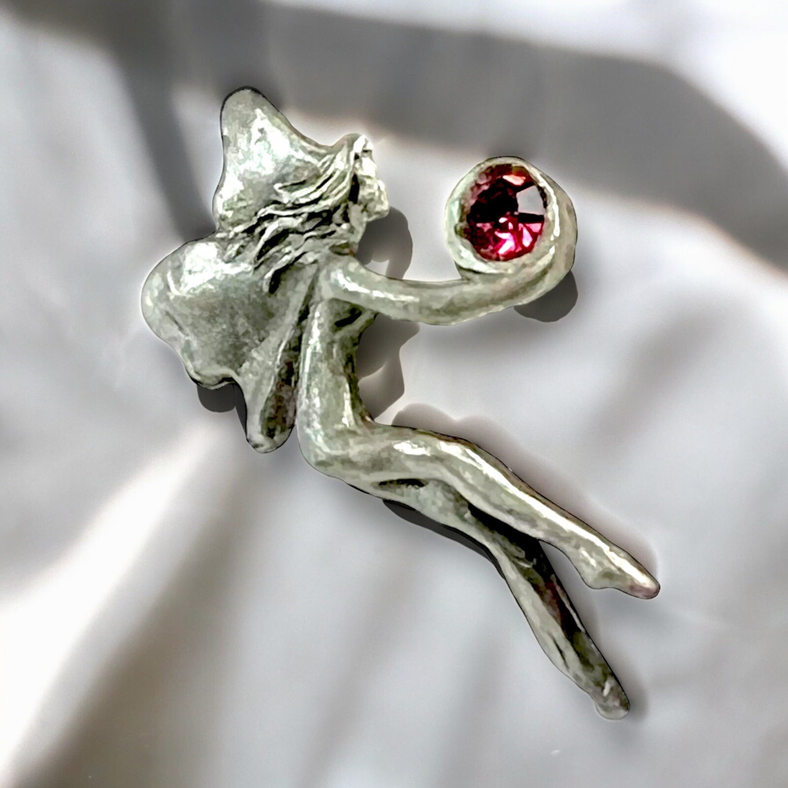 Crystal Fairy Pin Pewter Amethyst Crystal Signed Dated 90s Whimsical Vintage 1”