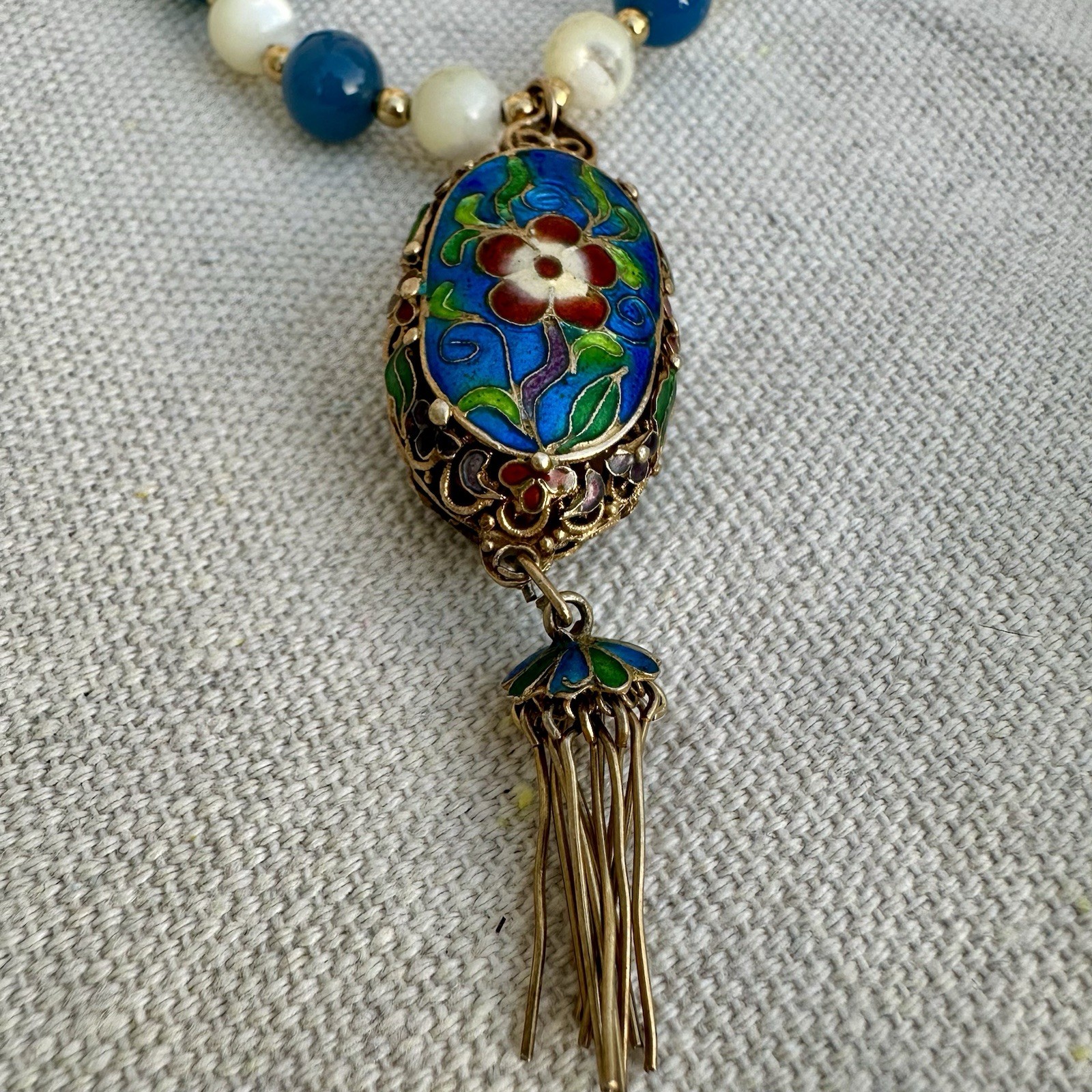 36” Vtg Cloisonné Pendant Tassel Beaded Necklace Mother Of Pearl Chinoiserie