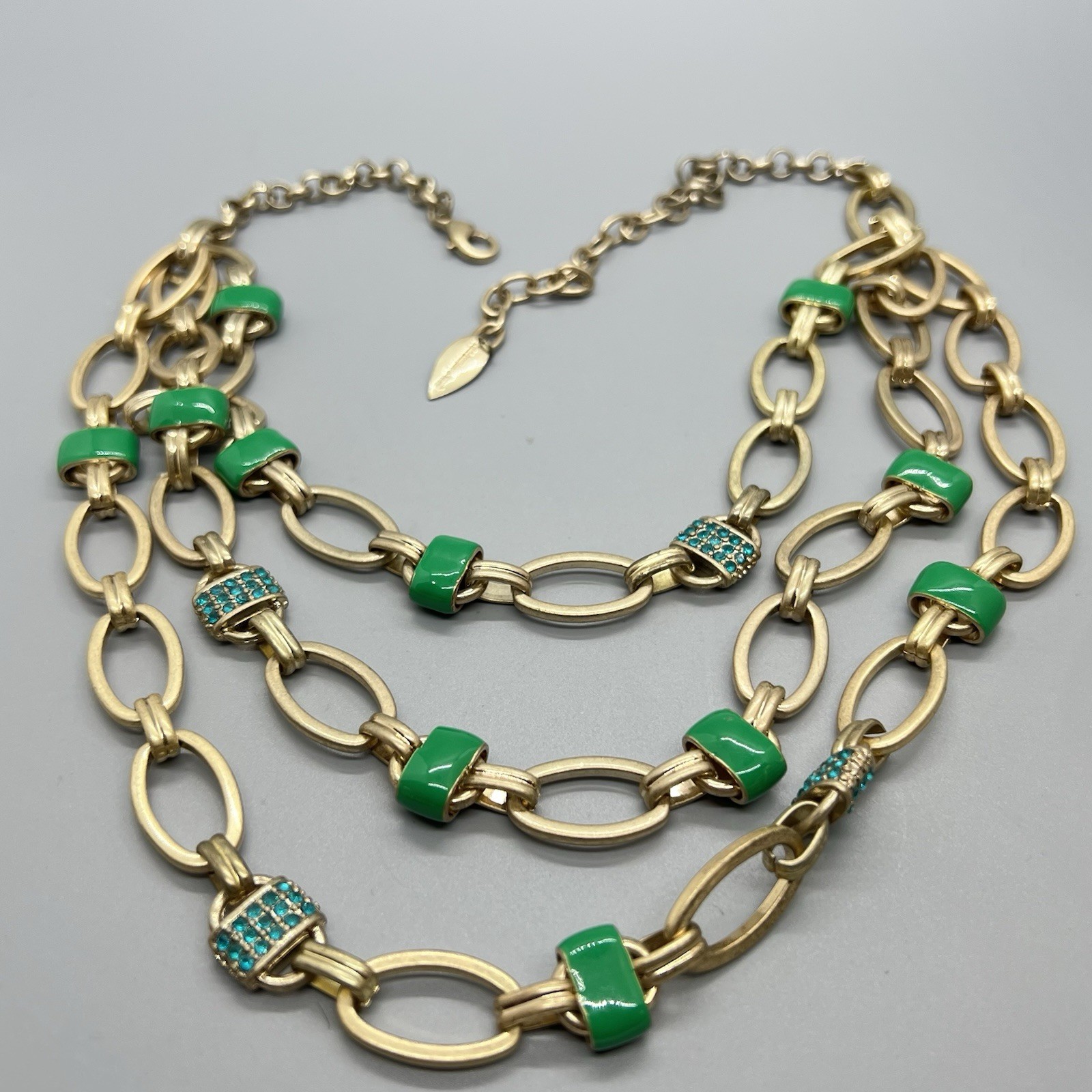 Coldwater Creek Green Enamel Blue Rhinestone Multi Strand Necklace Gold Tone