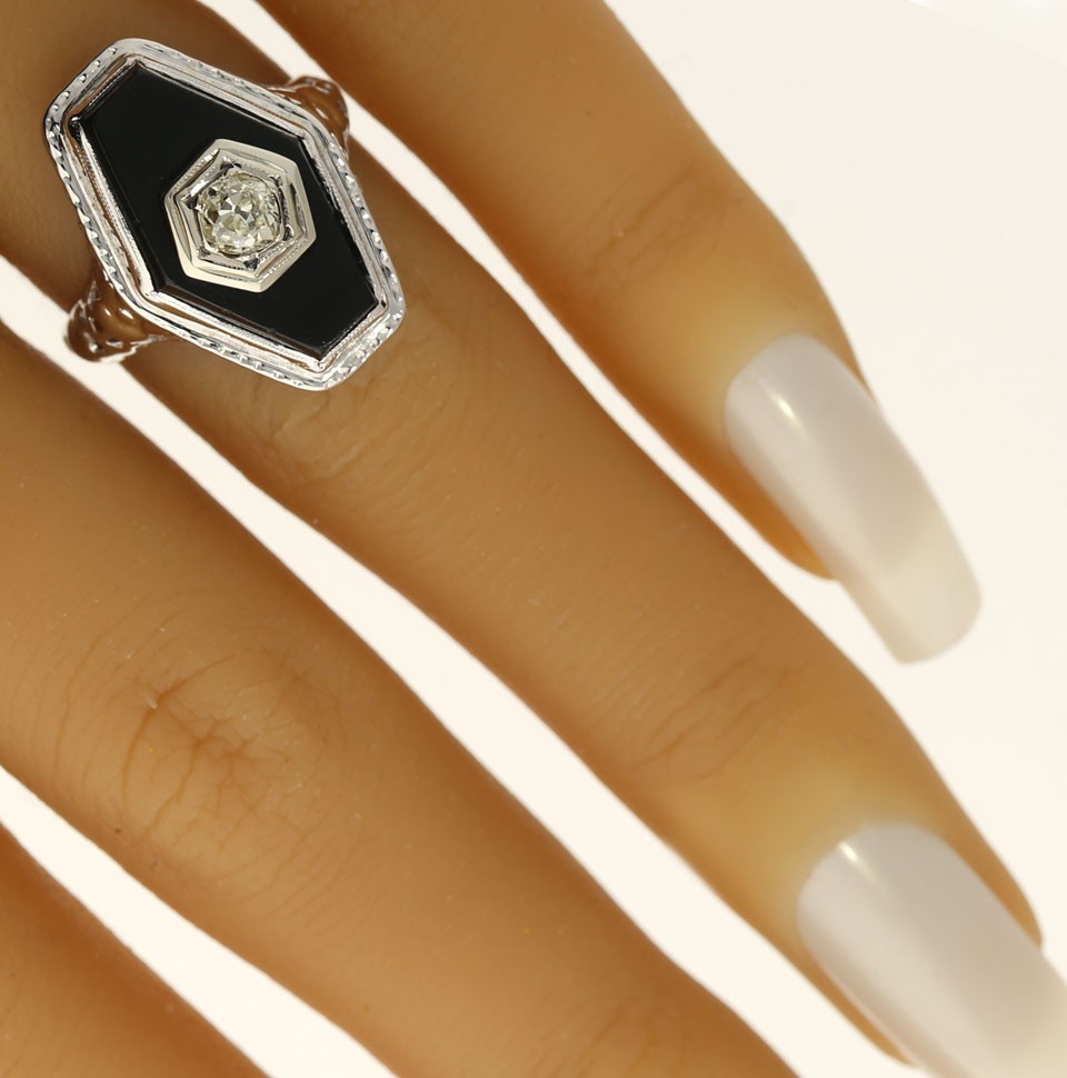 Antique Natural Diamond Onyx Filigree Ring .40CT 14K White Gold Size 7