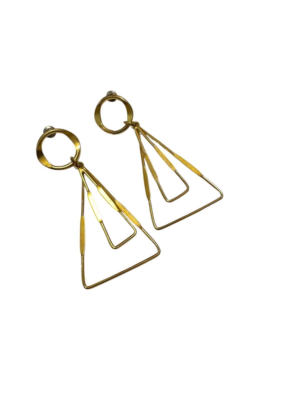 Vintage Gold Tone Geometric Triangle Dangle Earrings Studs 1980s/1990s Art Deco