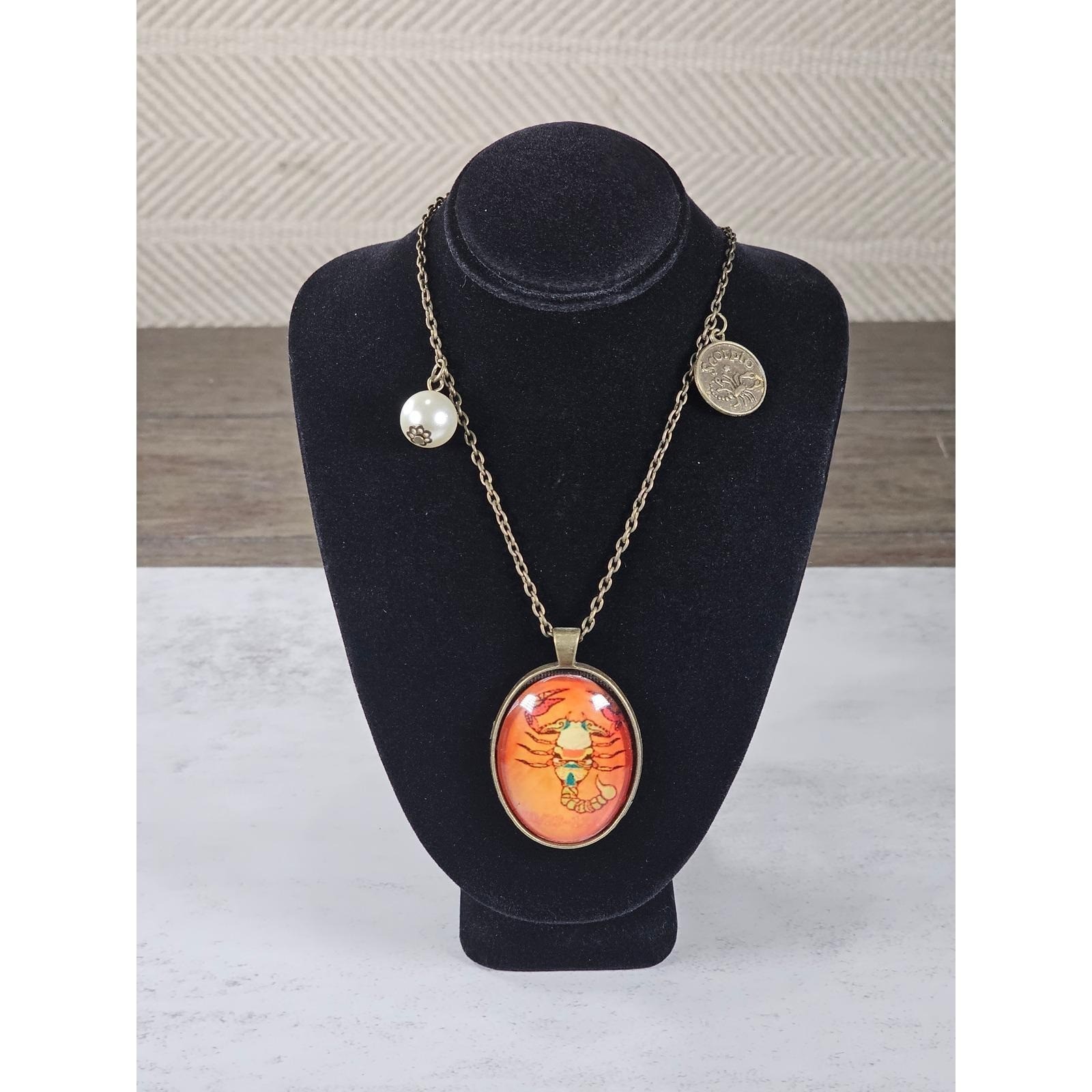 Vintage Scorpio Zodiac Necklace Orange Scorpion Cabochon Gold Tone