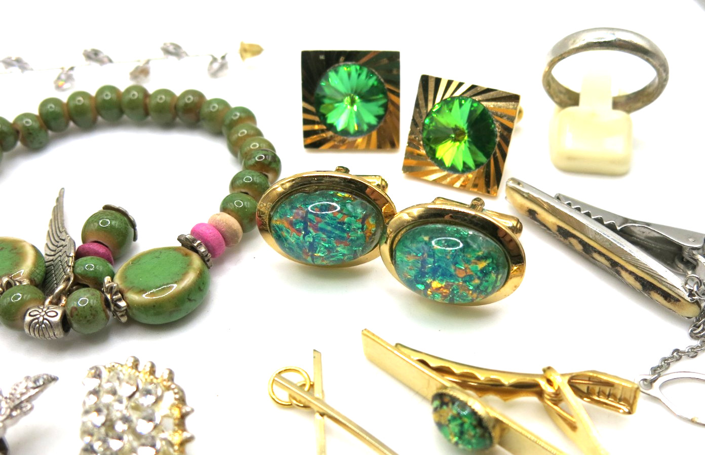 VTG Jewelry Set Lot 20pcs Pendants Brooch bracelet Cufflinks Ring Green stones