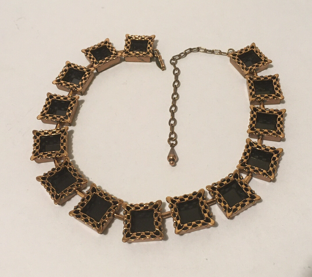VTG signed Renoir/ Matisse Set Necklace & Earrings Bronze Black Enamel 17.5 in