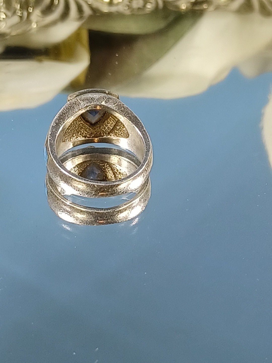 Vintage Sterling Silver Ring Blue Topaz Trillion Cut Stone Turquoise Accents