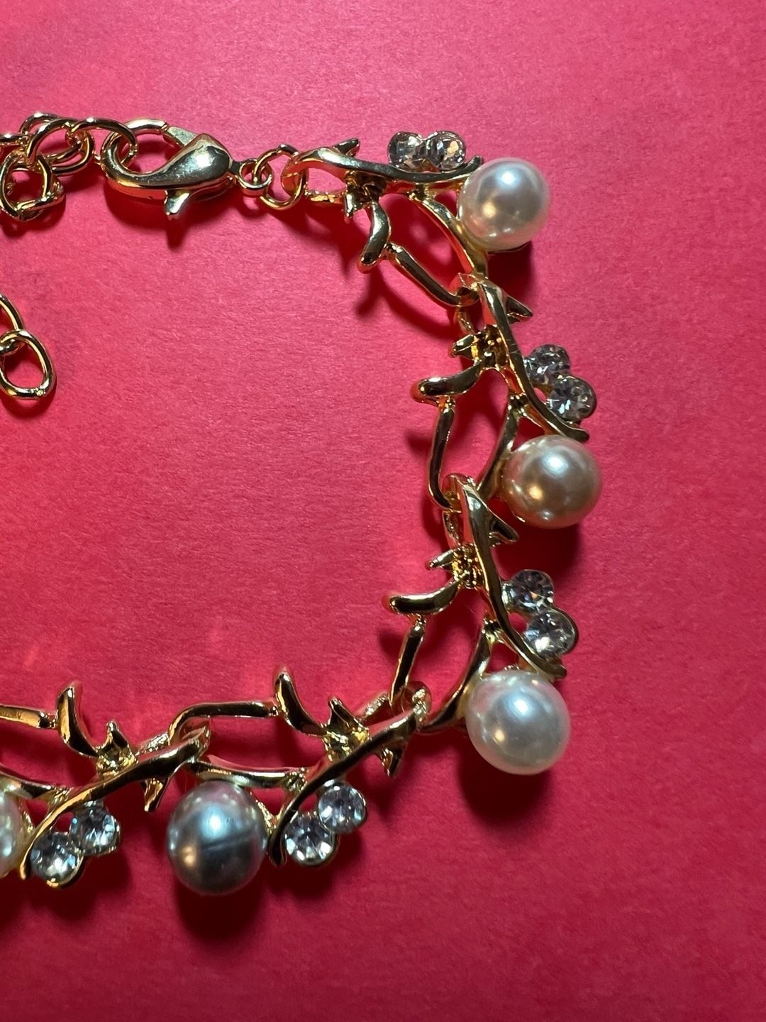 Gold-Tone Leaf Vine Bracelet with Faux Pearls and Rhinestones
