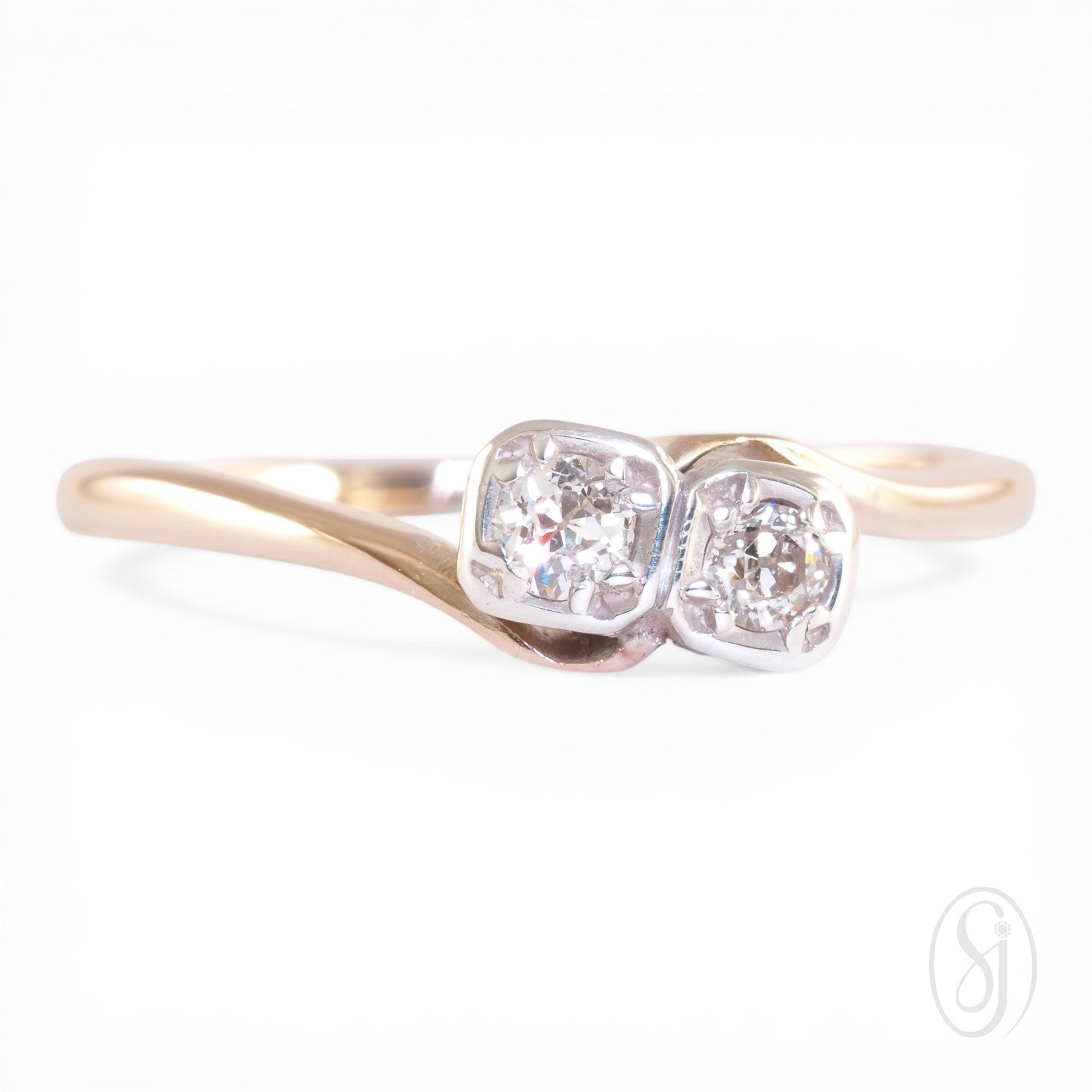 TWO SOULS 1920 Art Deco 18K Yellow Gold Old European Cut Diamond Toi Et Moi Ring