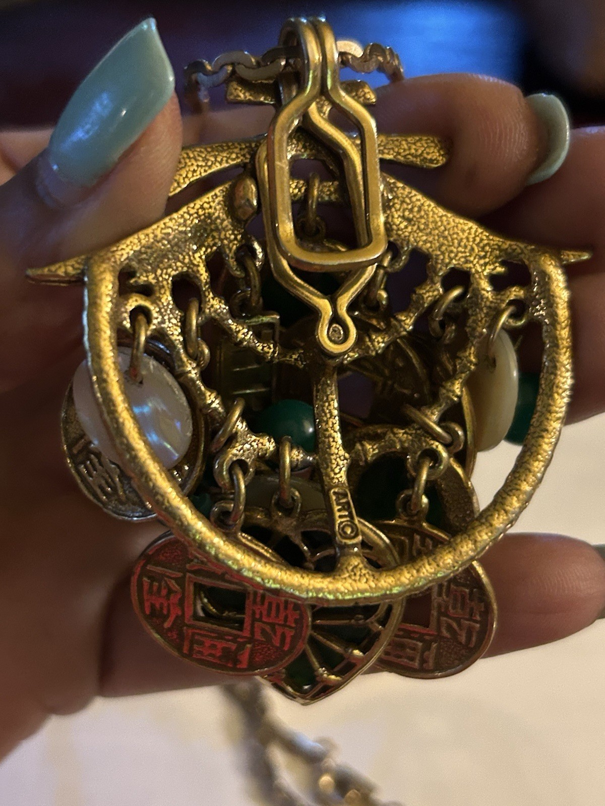 Vtg ART Arthur Pepper Asian Revival Charm Necklace Faux Jade Chinese Coin
