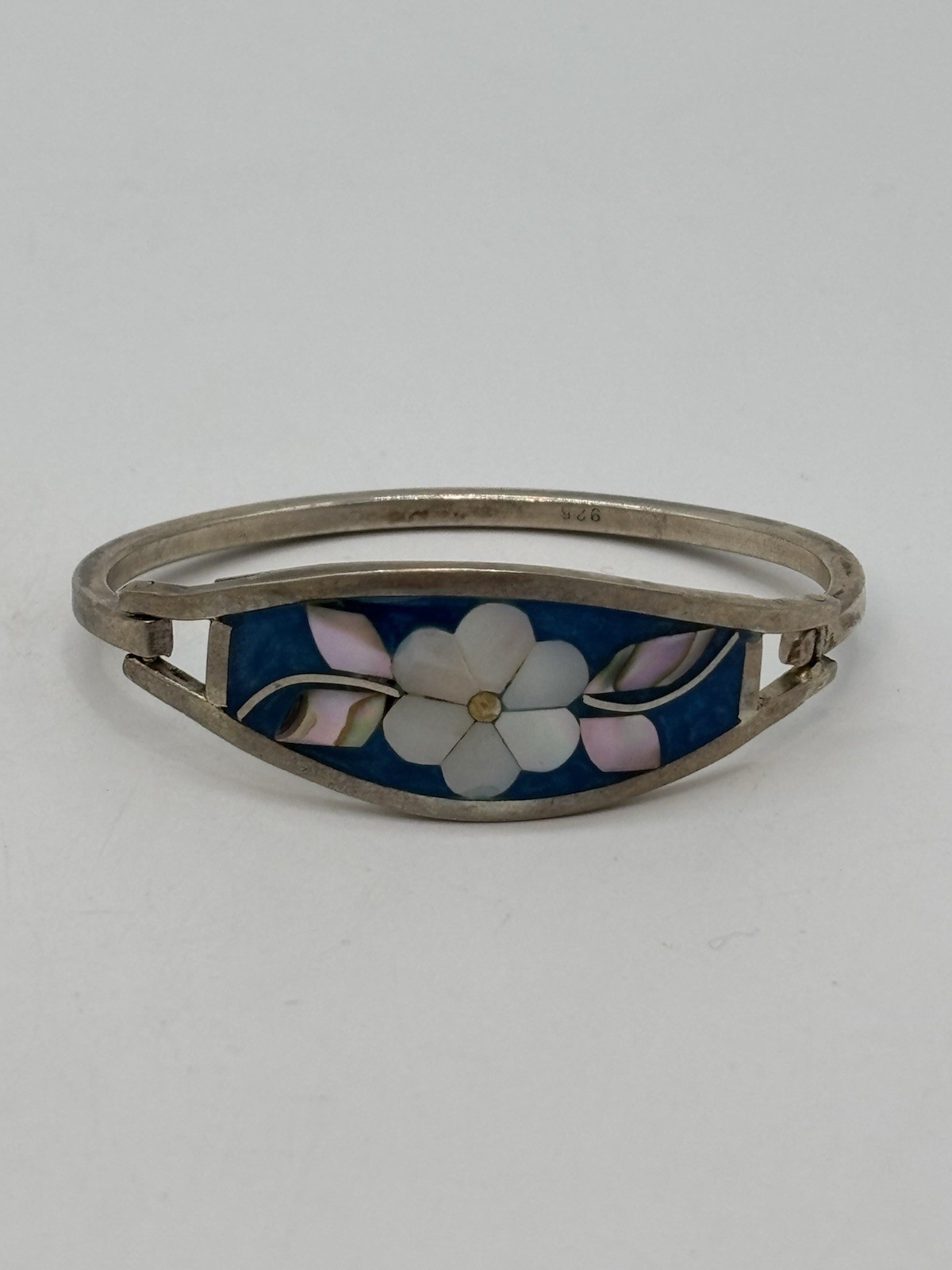 Alpaca Mex 925 Abalone Shell Mother Of Pearl Inlay Hinged Bangle Bracelet 5.5”