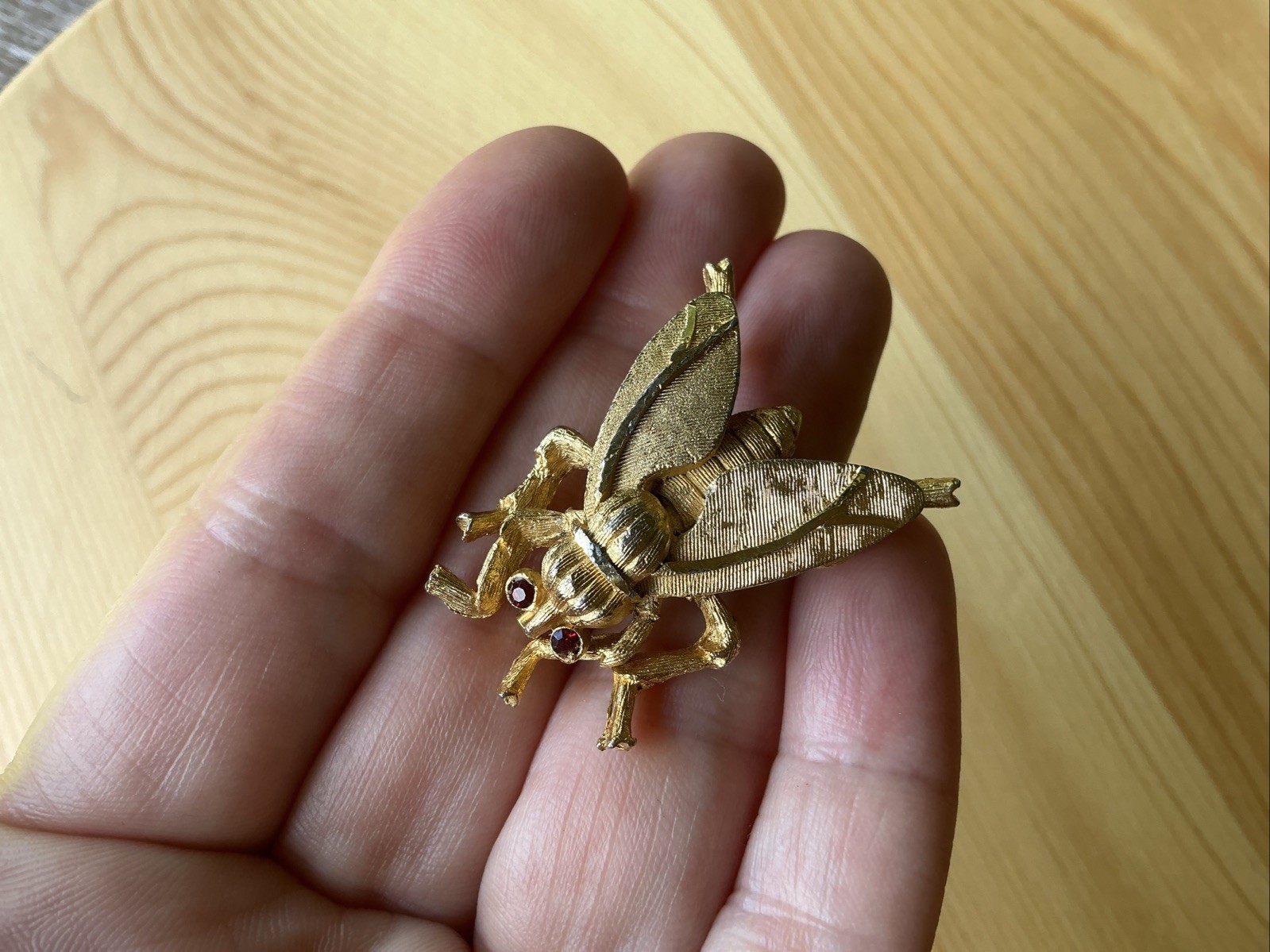Vintage Fly Brooch Pin with Red Rhinestone Eyes Textured Gold Tone Medium Chunky