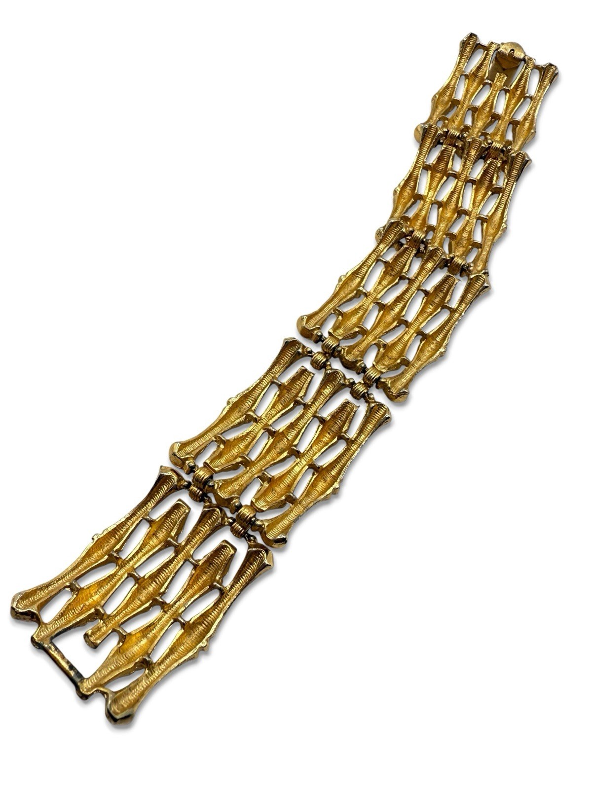 Vintage 70’s Gold Tone Bamboo Textured Panel Bracelet By Emmons