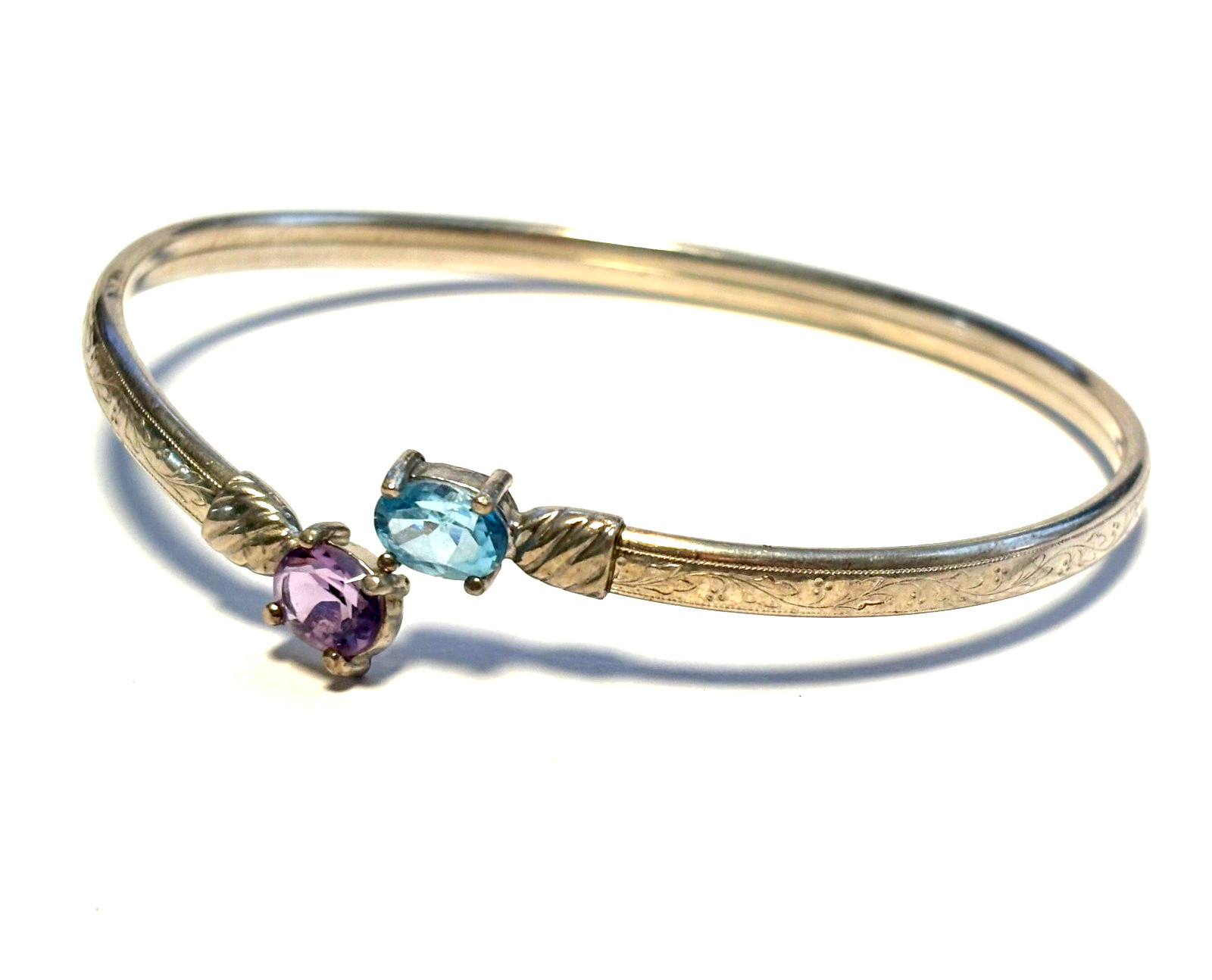 VTG Sterling Silver Edged Open Bangle Bracelet w/Purple & Blue CZ Ends 7 3/4″