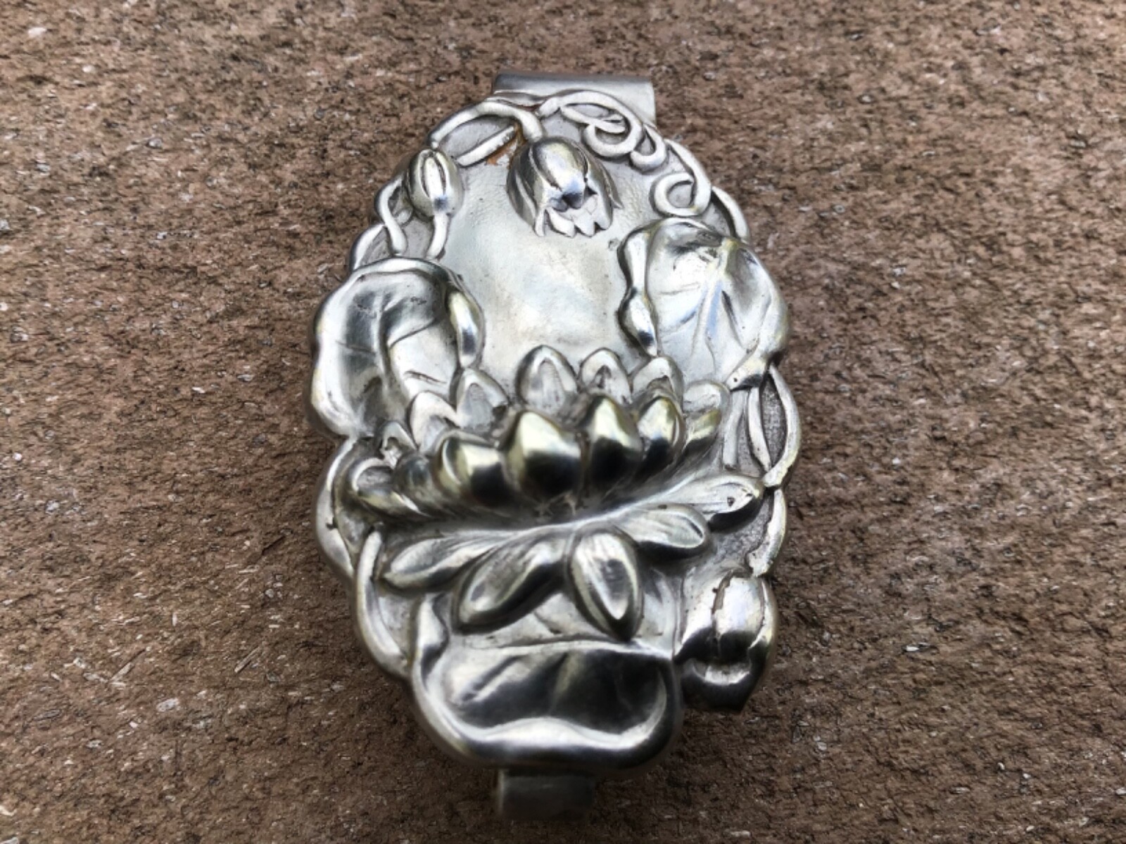 Art Nouveau Scarf Sash Slide Silverplate Unusual Period 1895-1915 Water lily