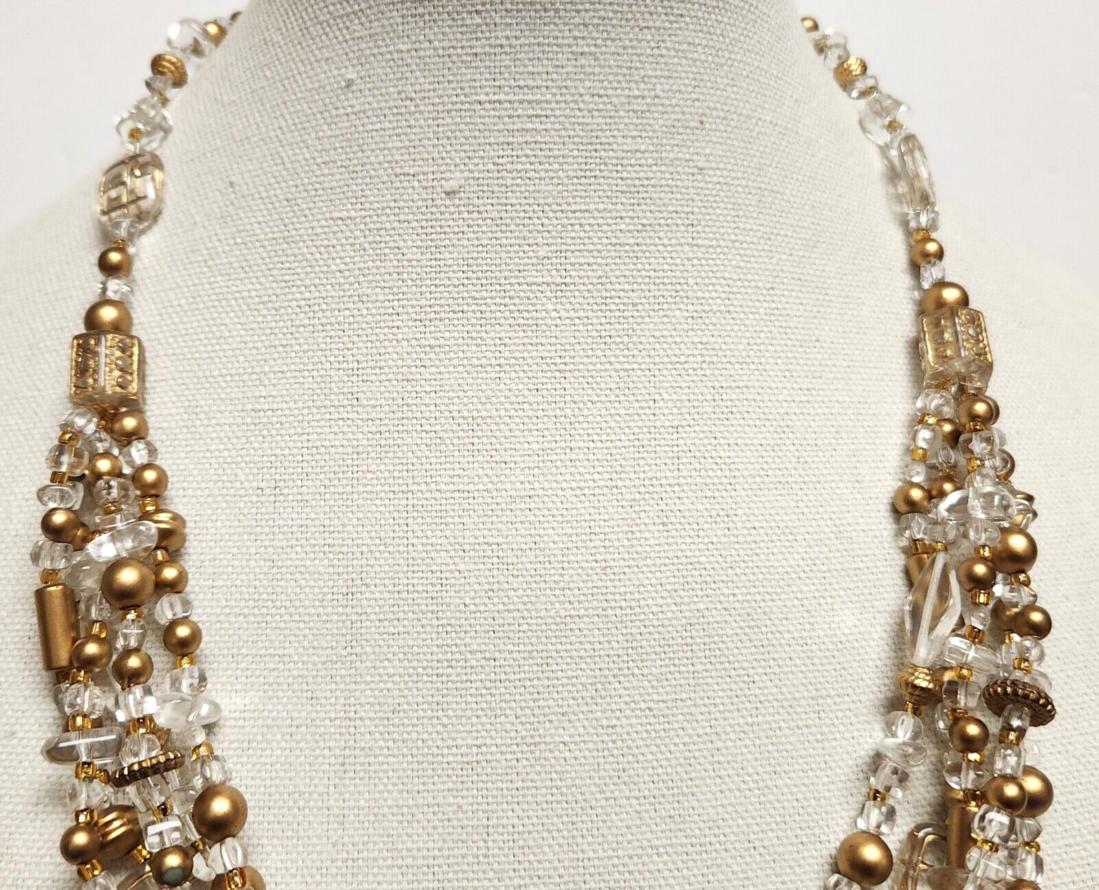 Gorgeous Vintage Clear & Gold Lucite Necklace 23.5″ x 4″ Orig Tag Made in China