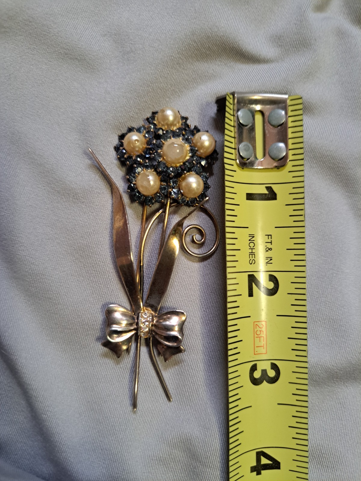 1950s 925 Sterling Silver Vermeil Blue Rhinestone Faux Pearl Brooch 3.5” 17gr