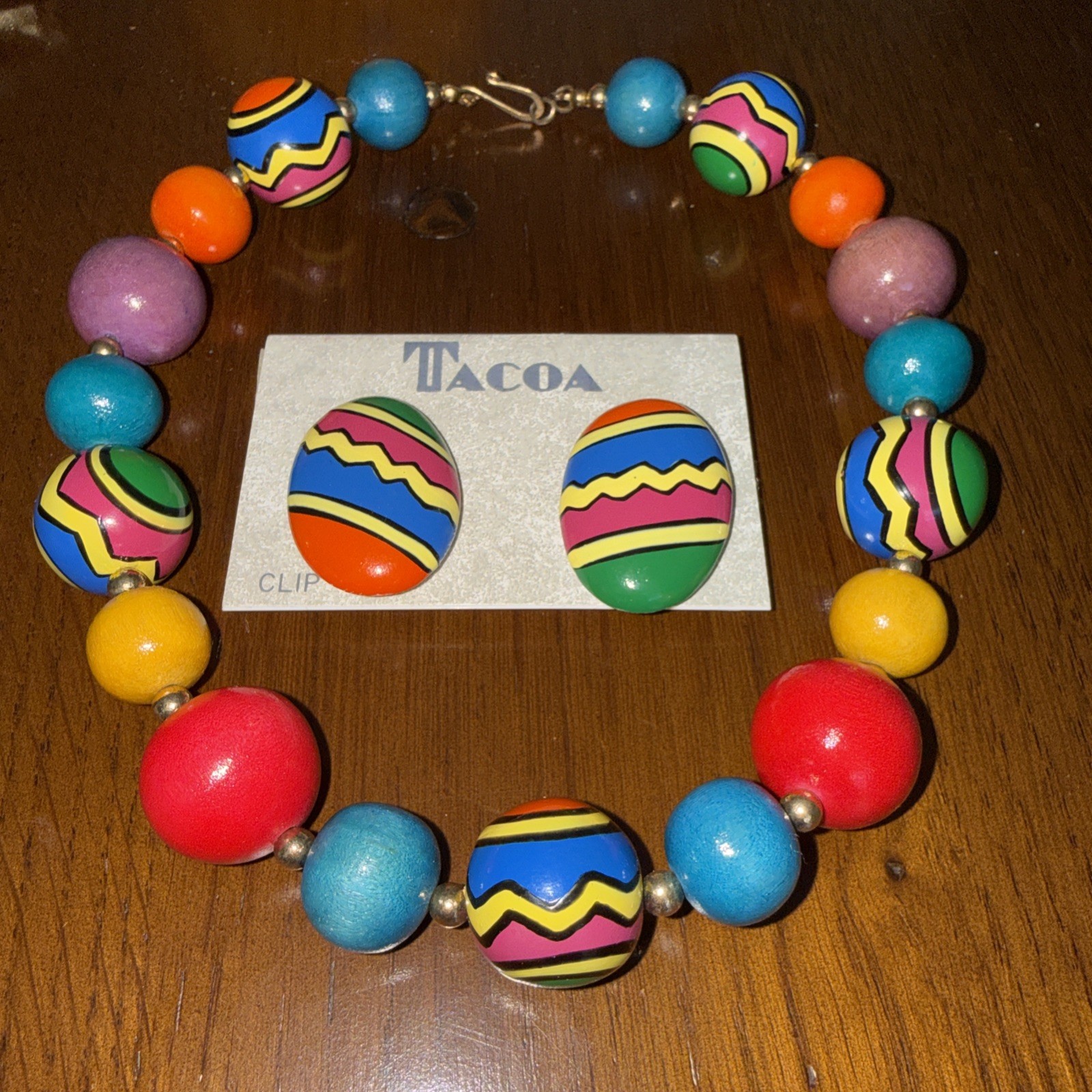 Vintage Tacoa 1908s Painted Beads In Geometric Design Necklace Earrings Set