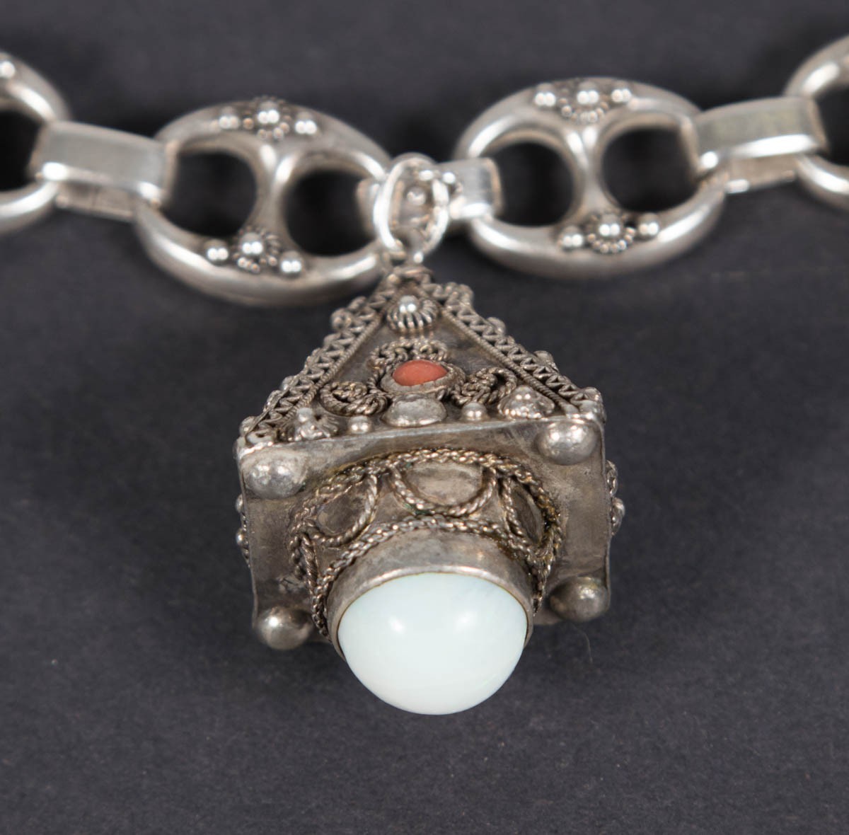 Vintage Etruscan Revival 800 Silver Fob Charm Bracelet Stones 8″ Long 800 – 52g