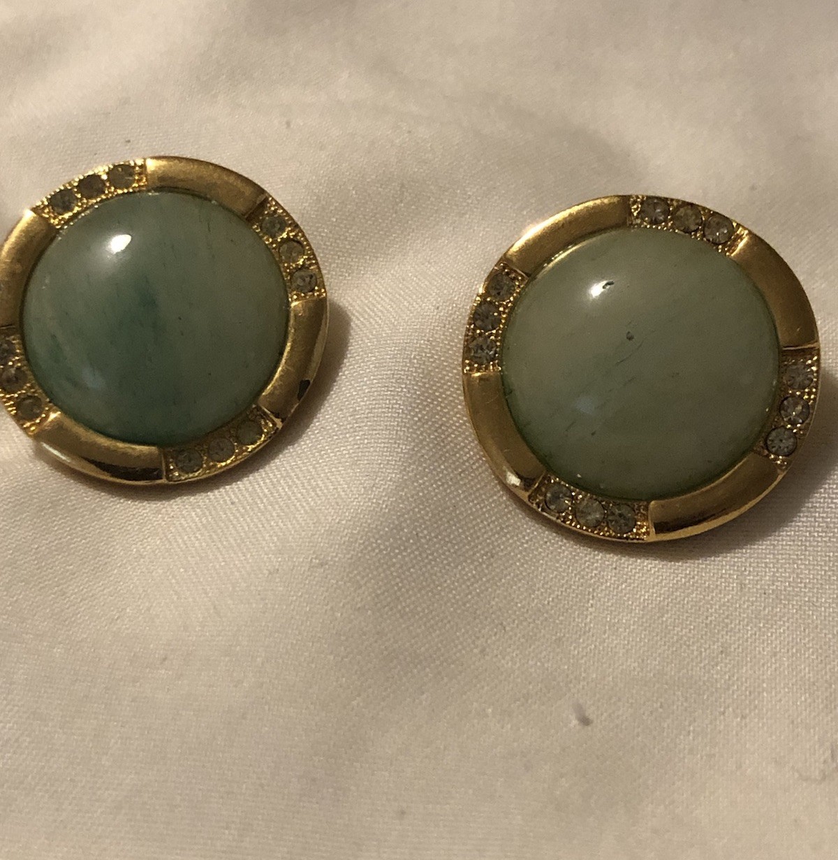 Vintage Gold Tone Faux Jade Cabochon Rhinestone Button Stud Earrings Light Green