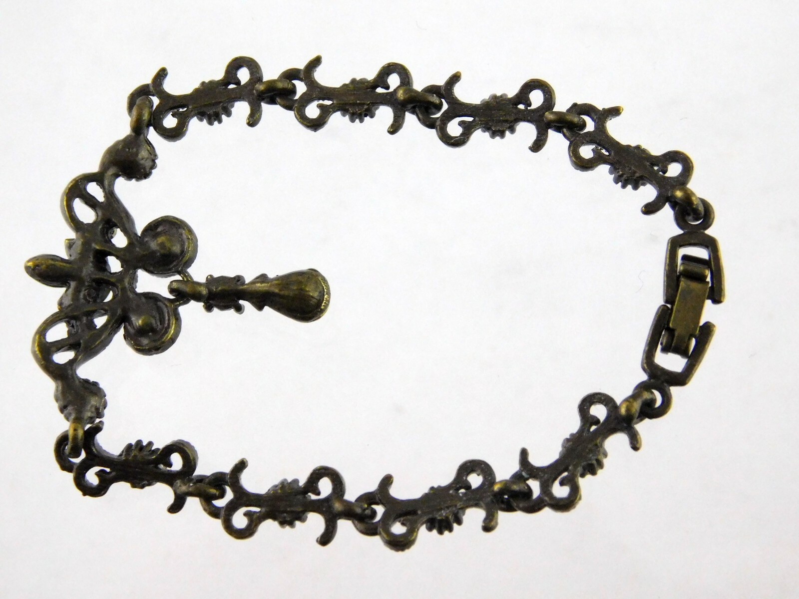 Vintage Bronze Tone and Rhinestone Bracelet Snap Clasp Floral Design Unbranded